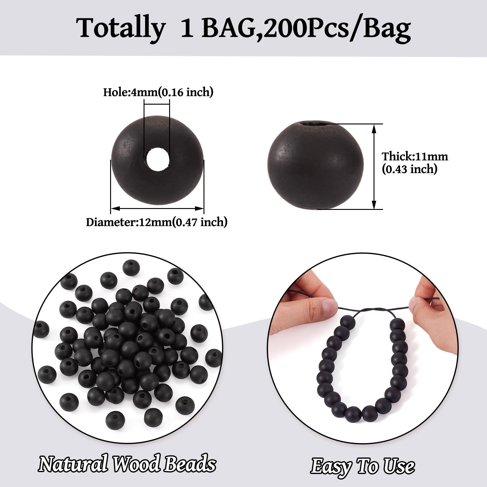 Craftdady 12mm Large Hole Black Round Wood Beads - 200pcs Natural Wooden Ball Loose Beads for Jewelry Making (4mm Hole) - DIY Necklaces, Bracelets & Home Decor Crafts