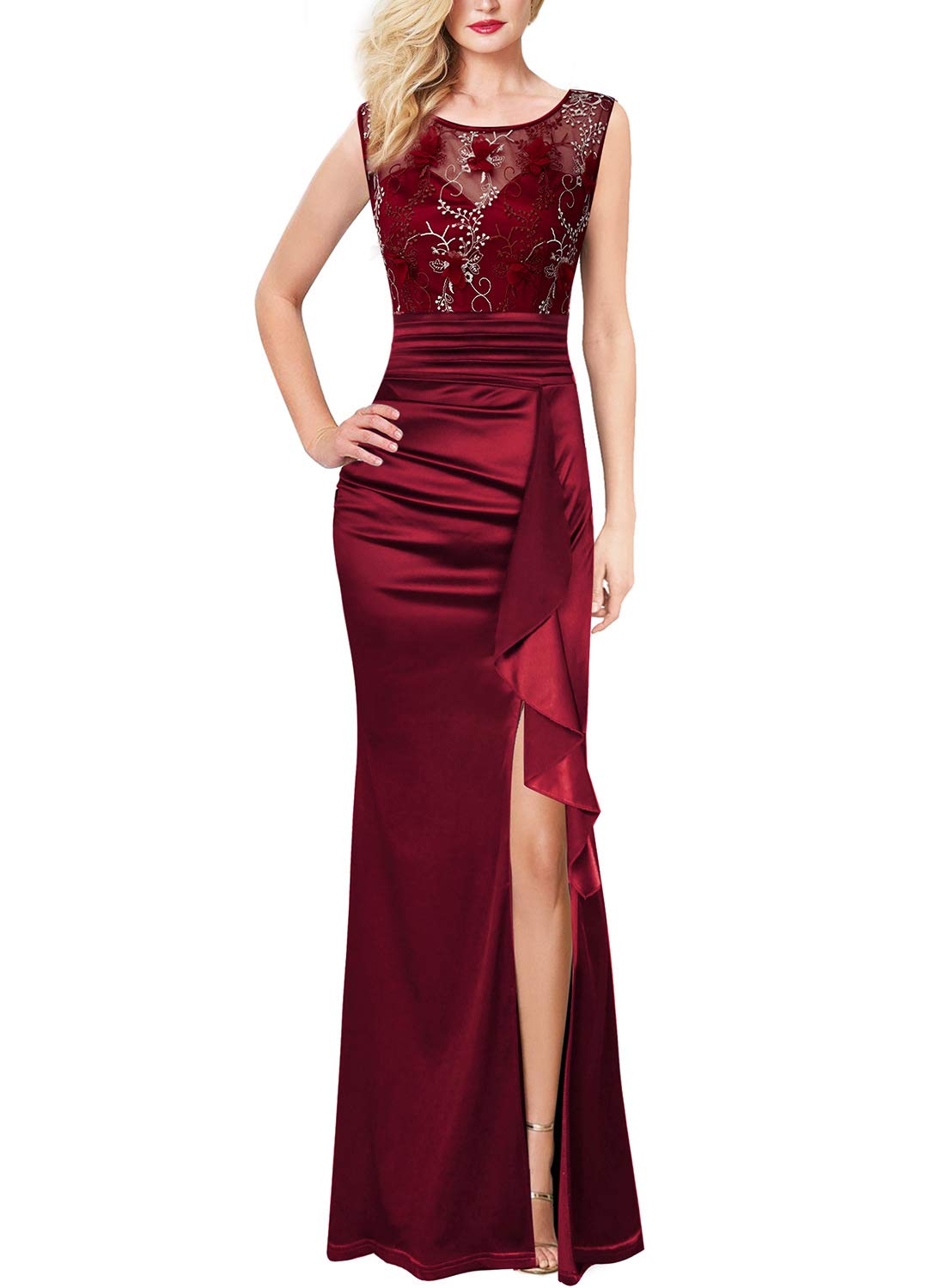 VFSHOW Women's Formal Ruched Ruffles Evening Prom Wedding Party Maxi Dress - Elegant Long Gown for Special Occasions, Dinners & Celebrations