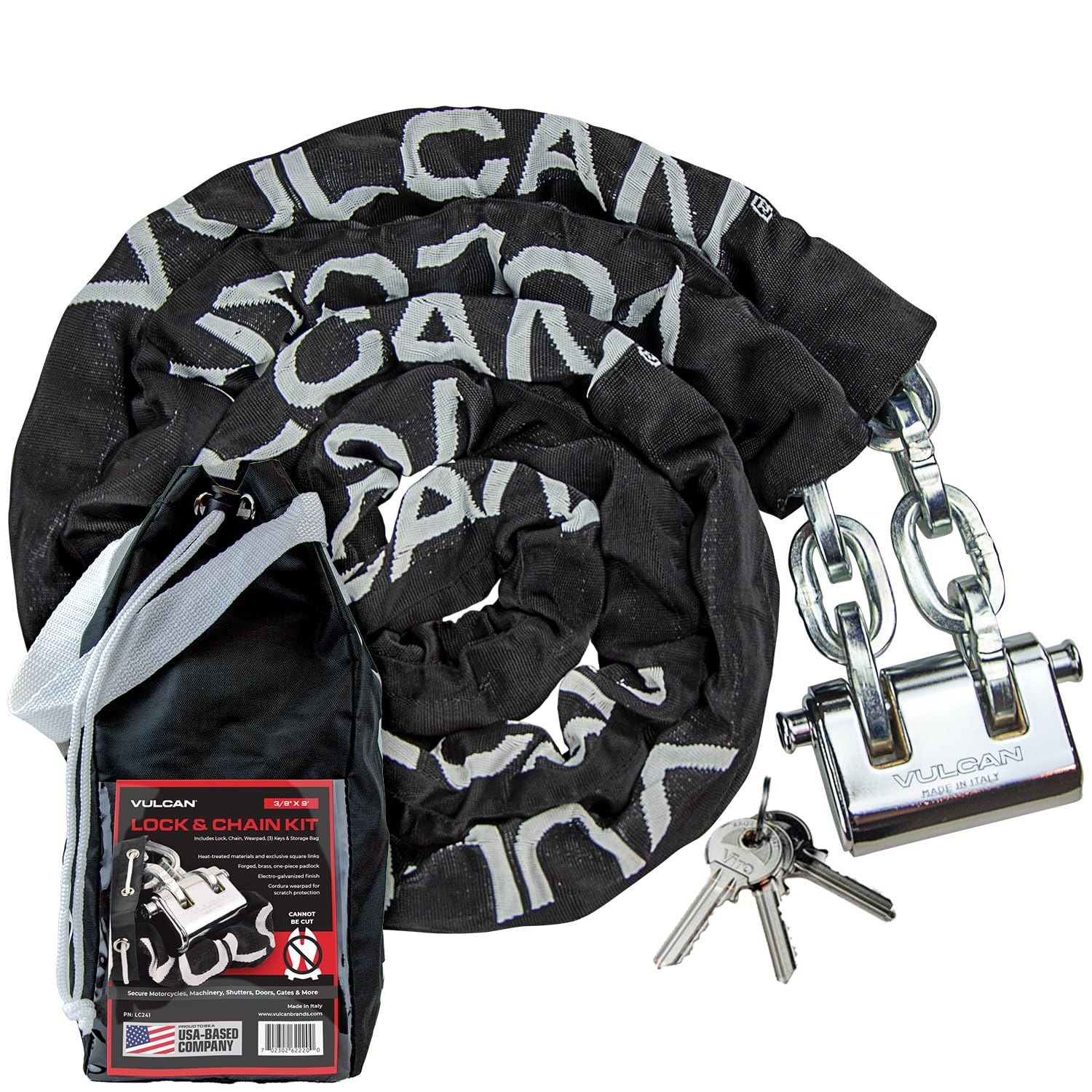 VULCAN Heavy Duty Security Chain & Lock Kit - 3/8 Inch x 9 Foot Case-Hardened Steel - Bolt Cutter Resistant - for Motorcycle, Bicycle, Gate & Outdoor Equipment Protection