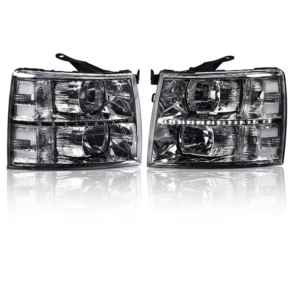 G-PLUS LED DRL Headlights for Chevy Silverado 1500/2500/3500 HD (2007-2014) - Clear Lens Chrome Housing Headlamps with Clear Reflector | Upgrade Your Truck Lighting for Night Driving & Off-Road Adventures