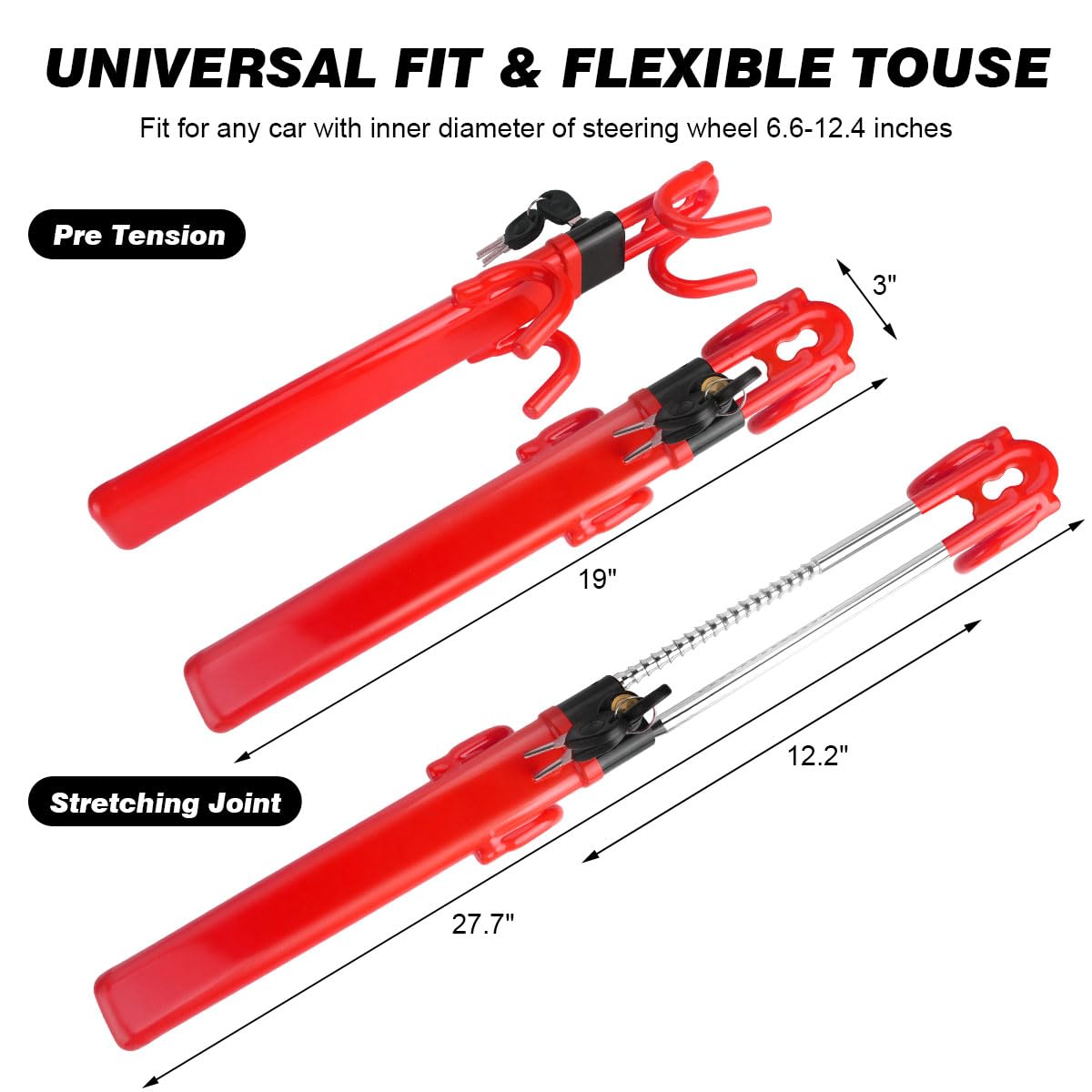 Heavy Duty Steering Wheel Lock - Anti-Theft Car Security Device with Adjustable Length Clamp & Double Row Atom Keys for Vehicle, Truck, SUV (3 Keys Included, Red) - Perfect for Parking Security & Theft Prevention