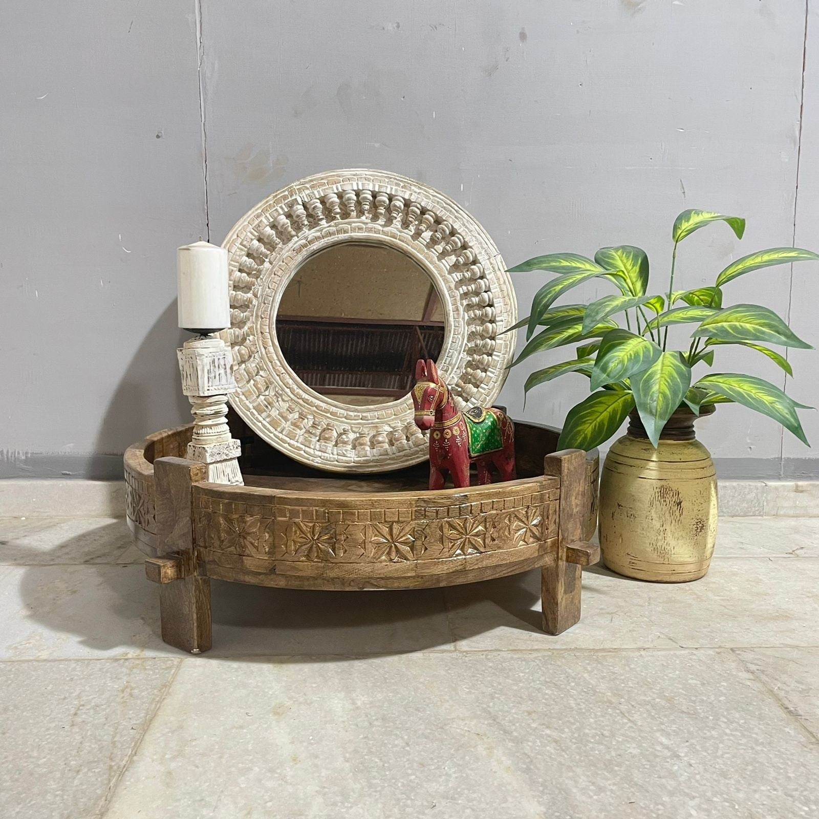 Handmade Solid Wood Indian Chakki Coffee Table - 30x30x10 Inches, Handcrafted Carved Traditional Design for Living Room, Lounge & Home Decor