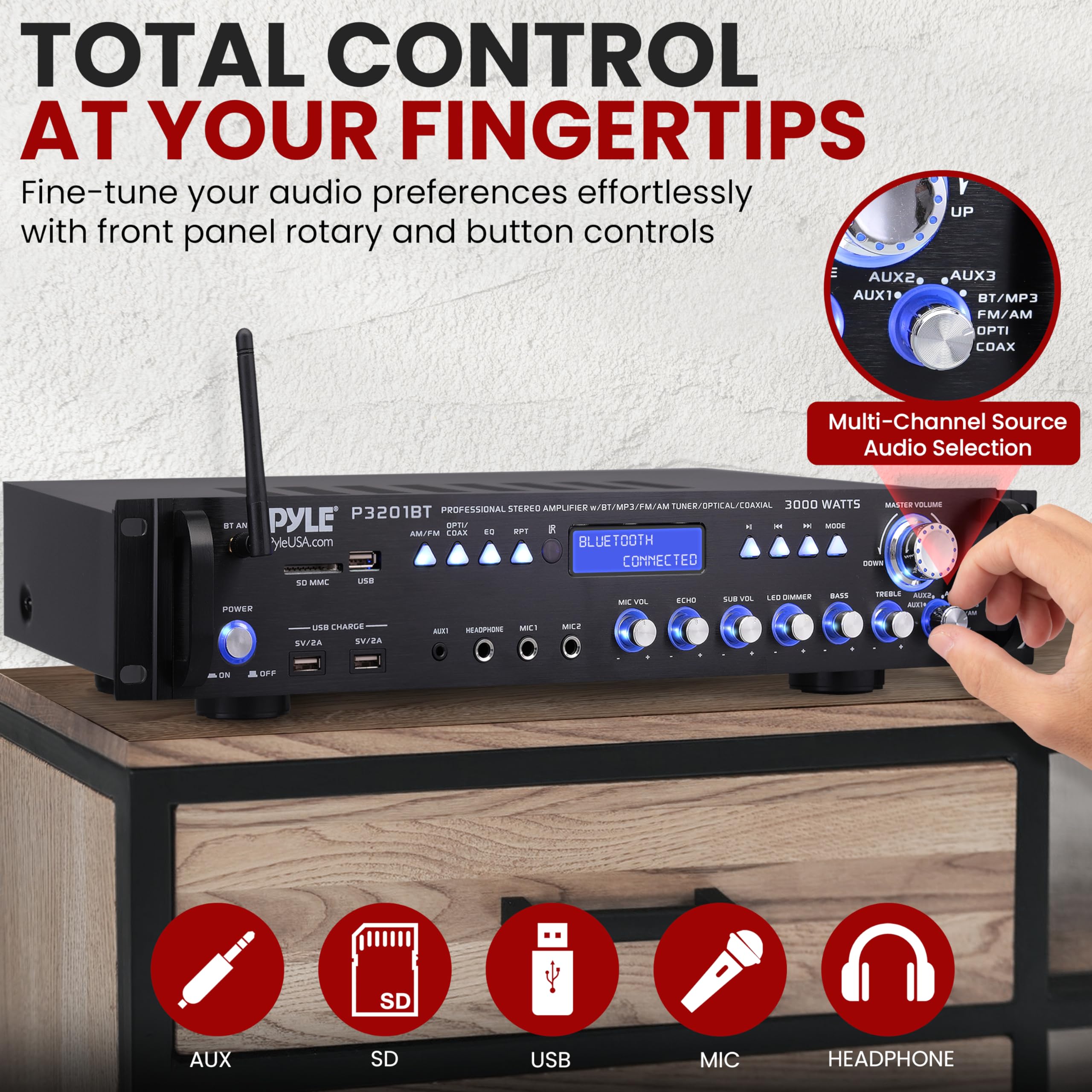 Pyle P3201BT 3000W Multi-Channel Bluetooth Preamplifier Receiver - Home Audio Stereo System with USB, AUX, RCA, Dual Mic w/Echo, LED Display & Wireless Streaming for Home Theater, Karaoke & Parties
