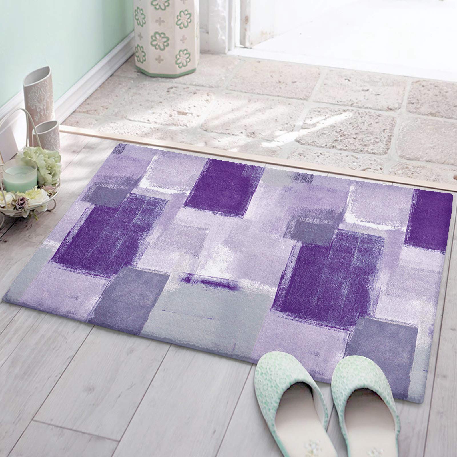 Soft Plush Bath Mat - Non-Slip Absorbent Shaggy Bathroom Rug with Abstract Graffiti Purple & Gray Design (16