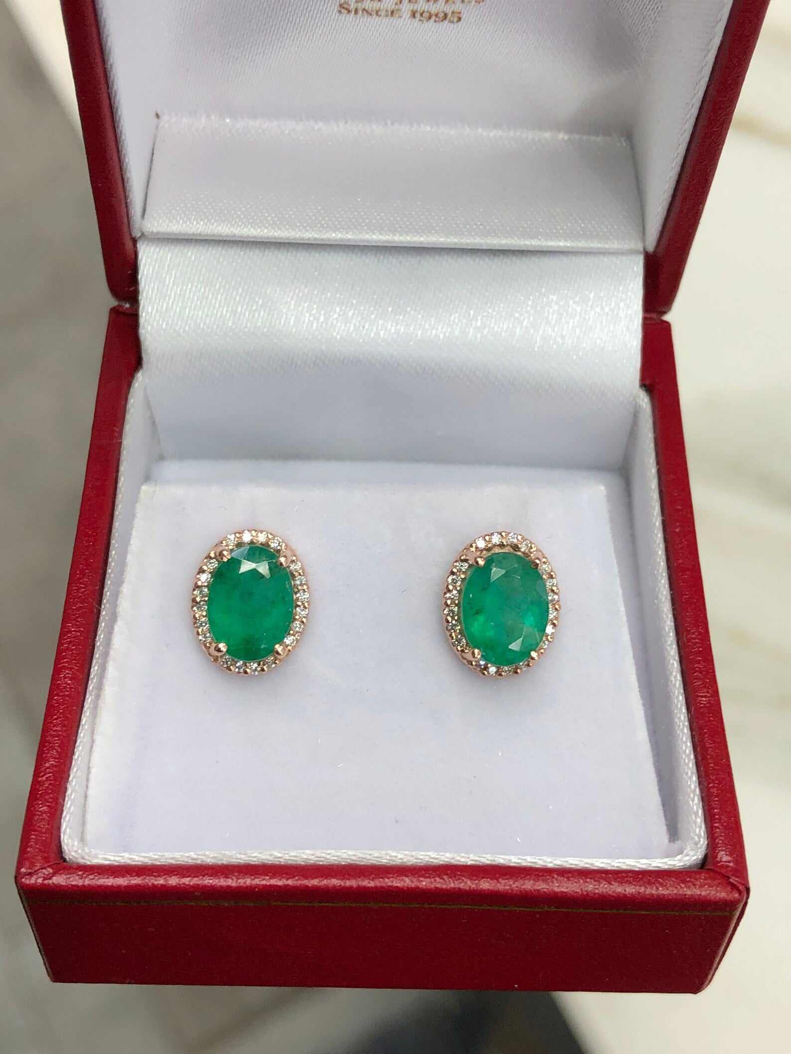 2.10tcw Oval Cut Dark Green Emerald & Diamond Halo 14K Rose Gold Stud Earrings for Women | Luxury Bridal Jewelry, Anniversary Gift, Evening Party Accessories