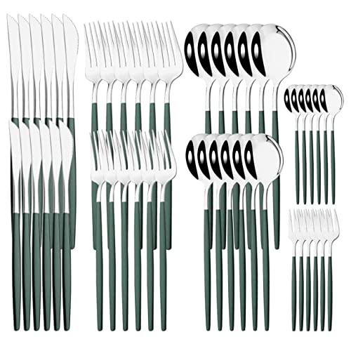 Premium 24/48-Piece Stainless Steel Gold Silverware Set - Elegant Dinner Knife, Fruit Fork & Spoon Cutlery Collection for Kitchen & Dining Table (Green/Silver) - Perfect for Weddings, Parties & Everyday Use
