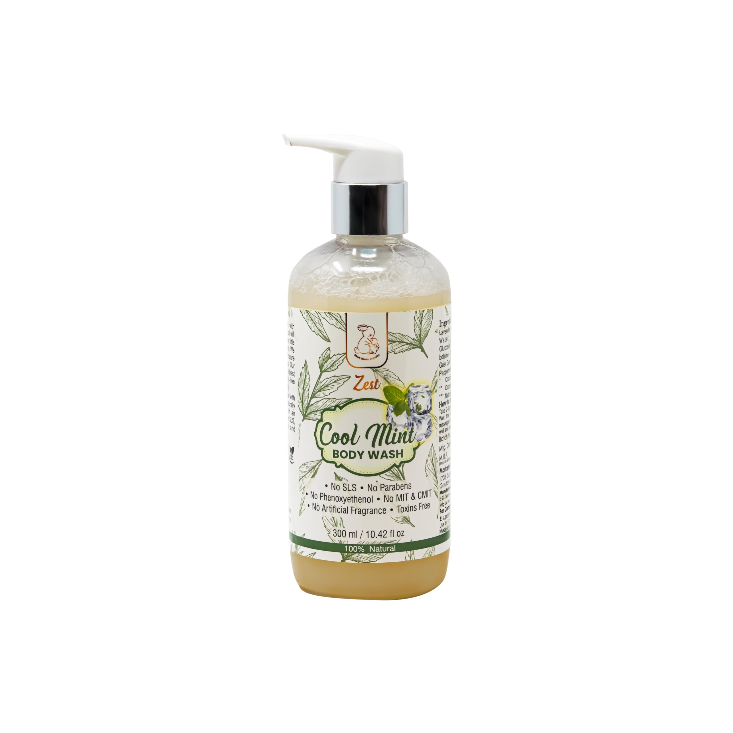 Blush Bunny Organics Zest Cool Mint Body Wash - USDA Certified Organic Anti-Acne Body Wash with Tea Tree & Peppermint Oil for Men & Women | Vegan, SLS, Paraben & Alcohol Free (300ml) - Refreshing Daily Shower for Clear, Healthy Skin