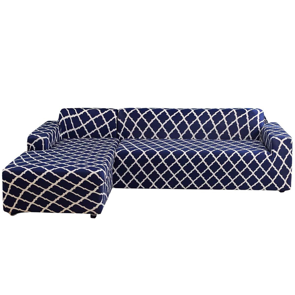 L-Shaped Sofa Slipcover - Anti-Slip, Stain Resistant Stretch Couch Cover for Sectional Couches (2+3 Seater, Navy Blue) with 2 Pillowcases - Perfect for Living Room, Family Room & Home Theater Furniture Protection