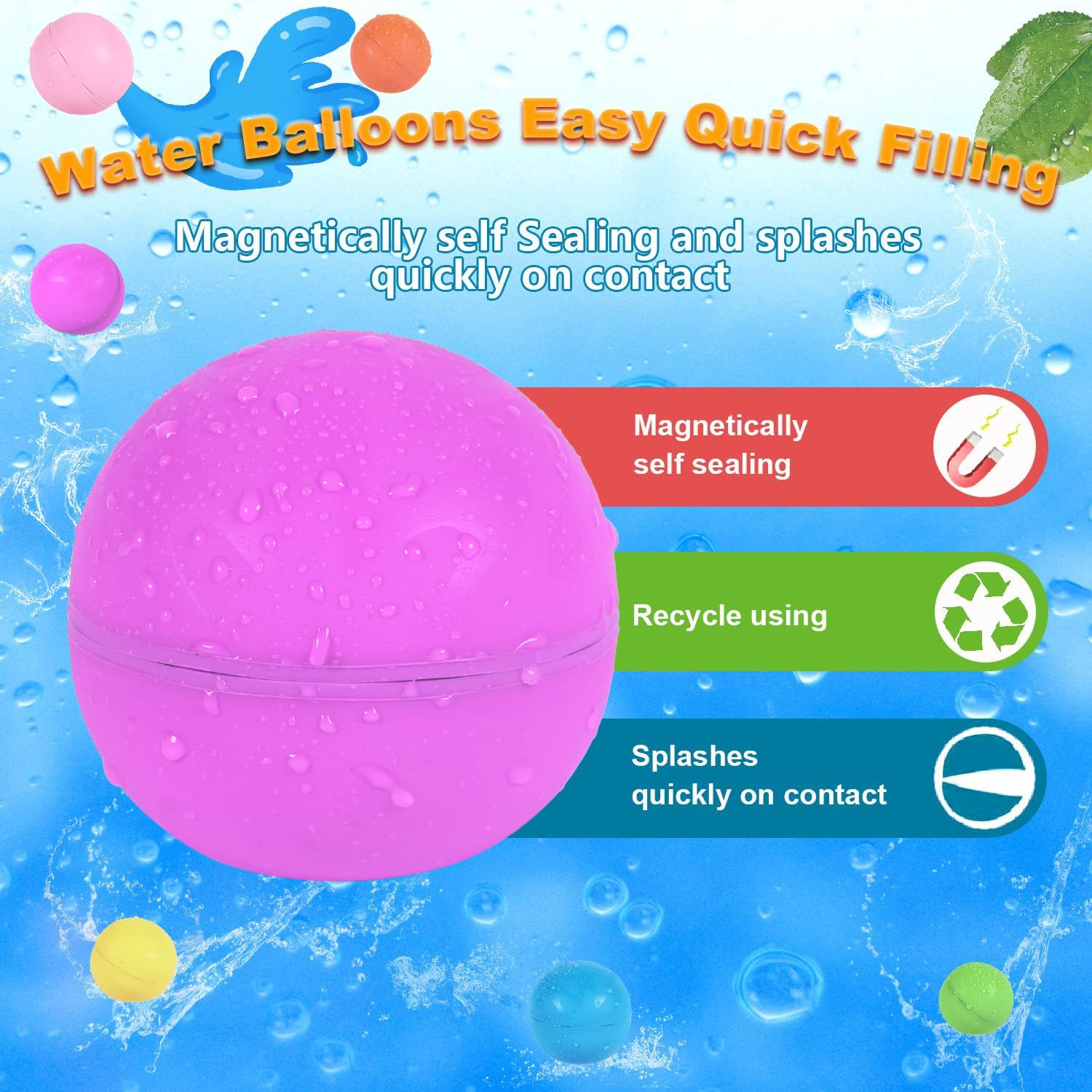 98K Reusable Water Balloons 6Pcs with Mesh Bag - Self-Sealing Silicone Water Balloons for Kids, Latex-Free & Eco-Friendly - Easy Fill Summer Water Toys for Pool, Beach, Backyard, Outdoor Parties & Birthday Games