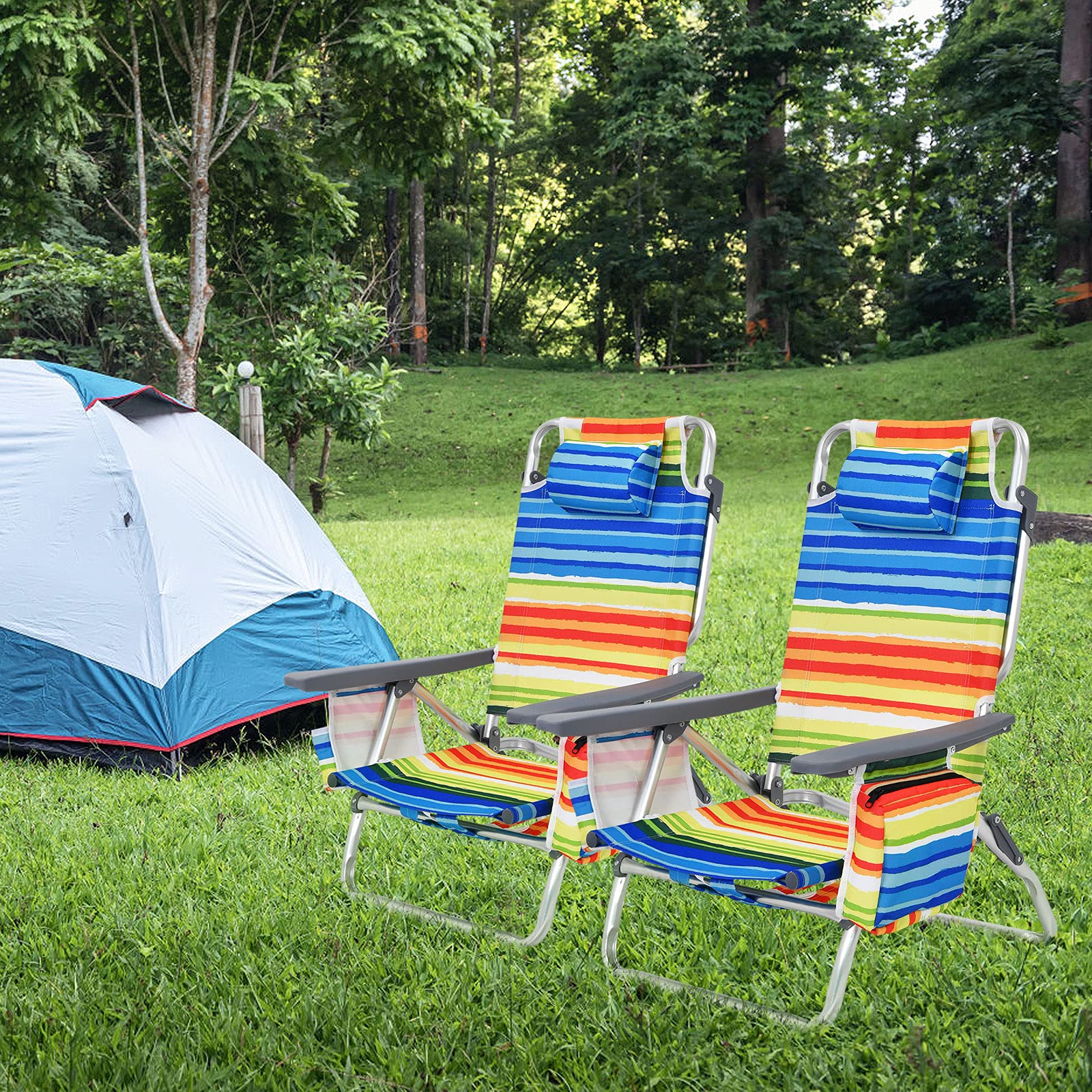 GYMAX 4-Pack Beach Chairs with Cooler Bag & Cup Holder - Portable Backpack Folding Camping Chairs with Armrests, Towel Bar & Storage Pockets - Lightweight Sunbathing Lounge Chairs for Beach, Pool, Picnic, Backyard & Outdoor Activities (Yellow Stripe)