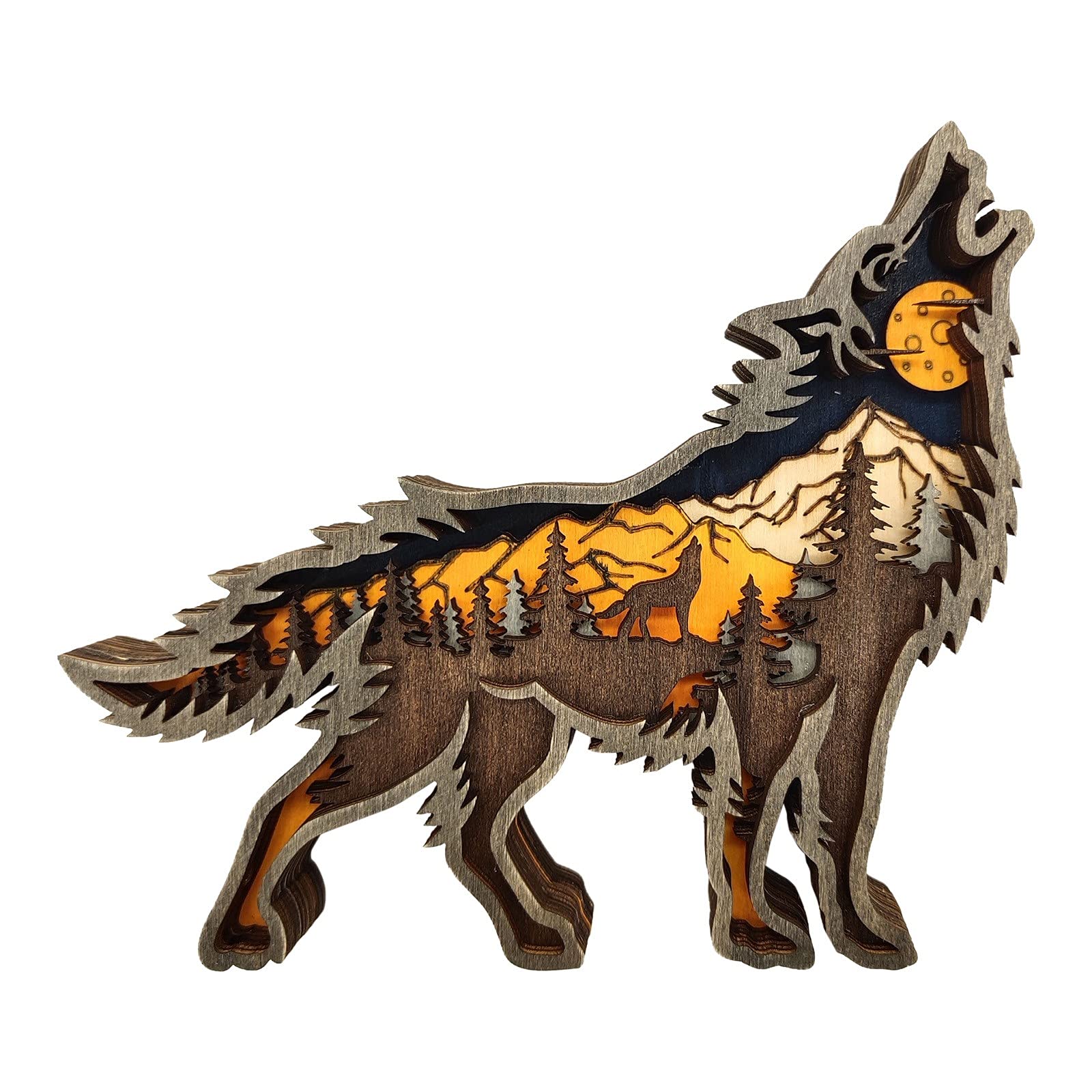 Handmade Wooden Wolf Decor - Kiosan Crafts Animal Statue for Home, Office & Cabin - Unique Multicolor Wooden Ornament for Shelf, Mantel & Tabletop Display