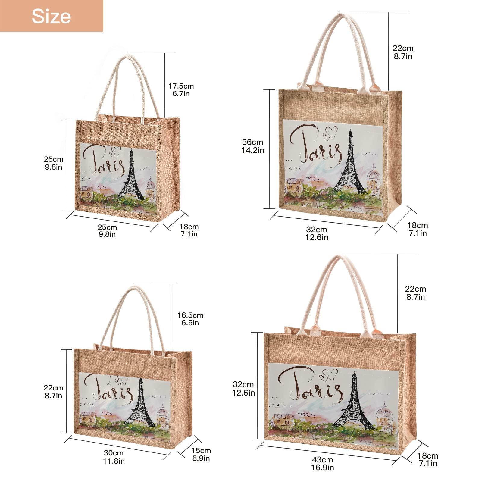 ALAZA Parisian Style Eiffel Tower Printed Jute Tote Bag for Women - Eco-Friendly Grocery Shopping & Travel Tote with Sturdy Handles (8.7