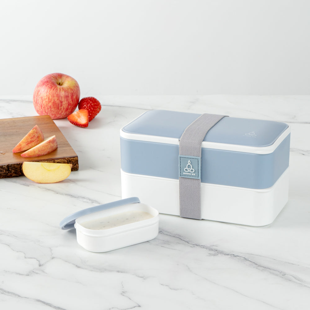 Bento Tek 41 oz Blue & White Buddha Box - All-in-One Lunch Container with Utensils & Sauce Cup (7.25