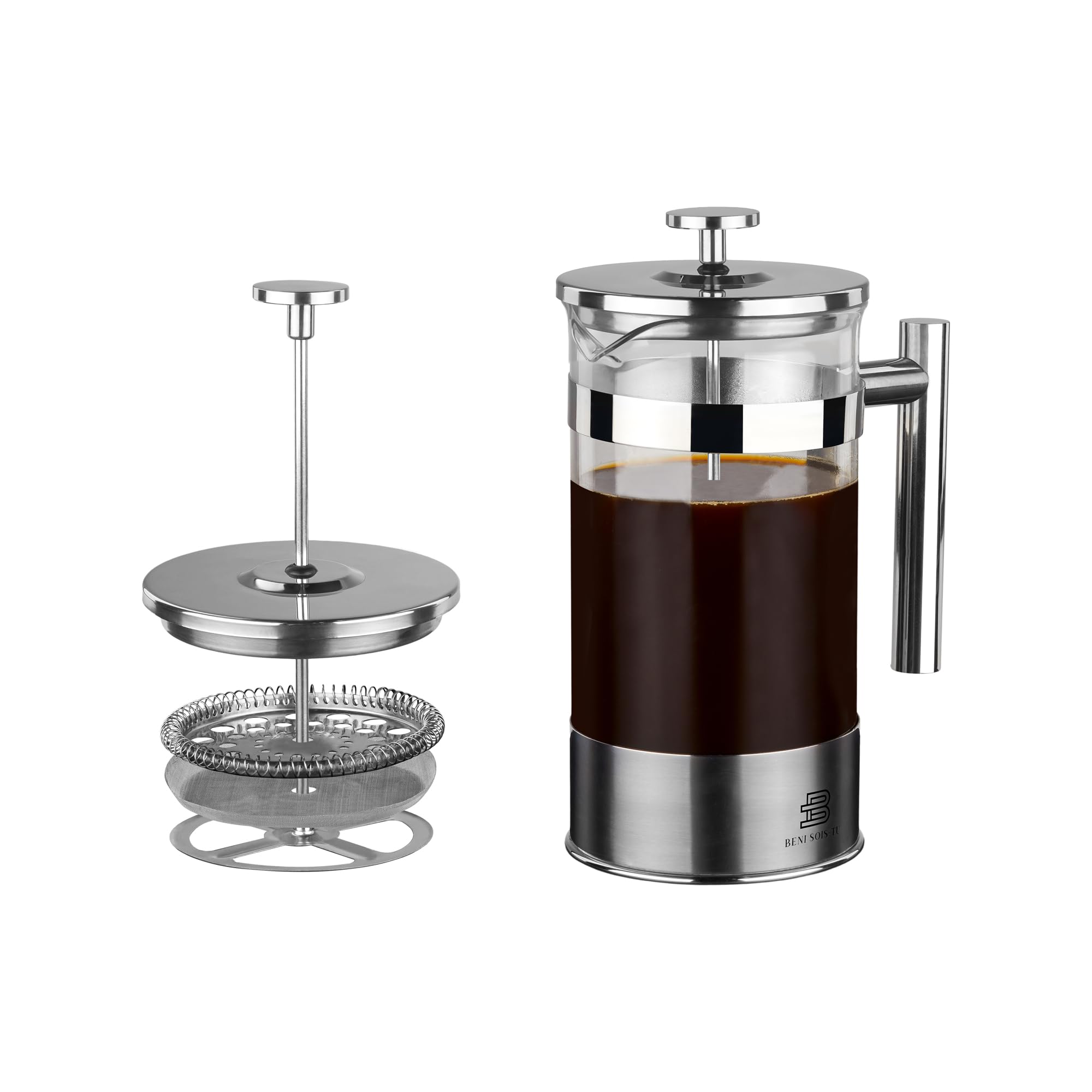 34 oz French Press Coffee Maker - Borosilicate Glass & Stainless Steel Plunger, Heat Resistant Coffee & Tea Brewer for Home, Office, Camping - Silver