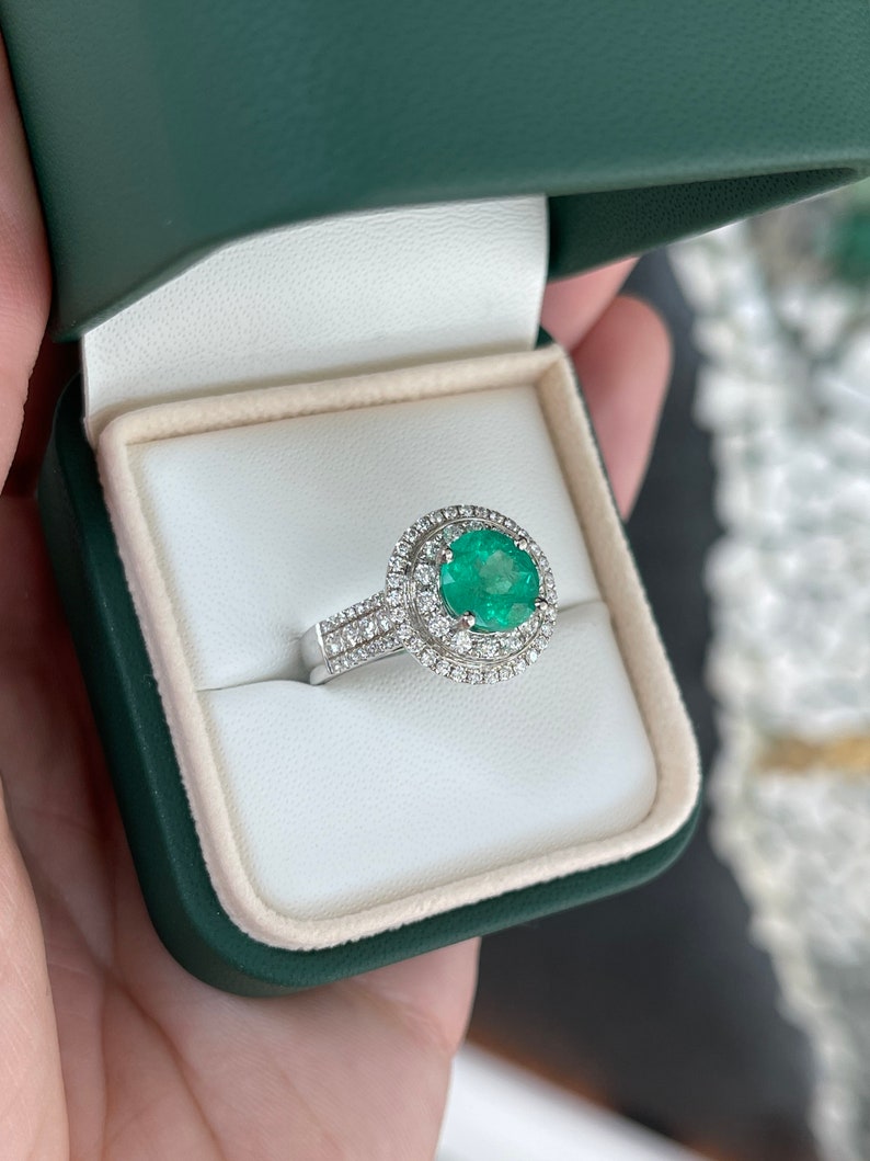 3.52tcw 14K White Gold Round Emerald & Diamond Halo Engagement Ring for Women – Perfect for Proposals, Anniversaries & Bridal Jewelry