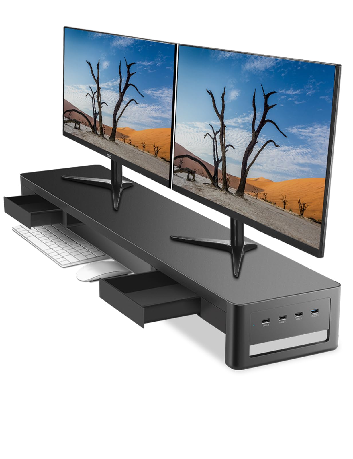 **Metal Dual Monitor Stand Riser with 2 Storage Drawers & 4 USB Ports - Adjustable Desk Organizer for 2 Monitors (38.7 inches) - Supports Data Transfer & Charging - Perfect for Home Office & Gaming Setup**