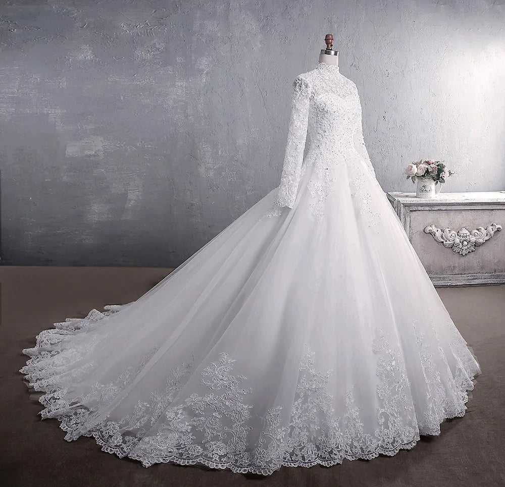 Elegant Plus Size Long Sleeve High Neck Ball Gown Wedding Dress with Zipper Back - Perfect for Bridal Ceremonies, Formal Events & Evening Galas