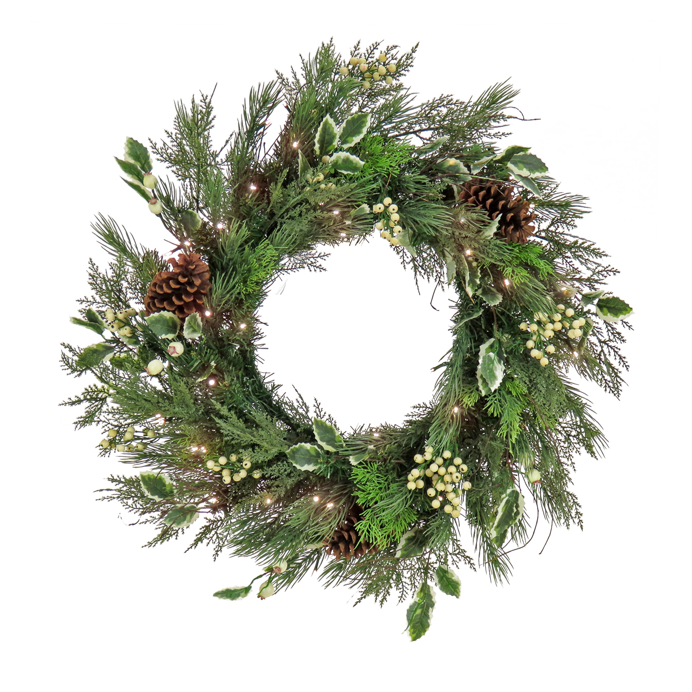 28 Inch Pre-Lit HGTV Home Collection Holly and Berry Wreath - Perfect for Christmas Front Door Decor, Holiday Mantel, and Festive Wall Hangings