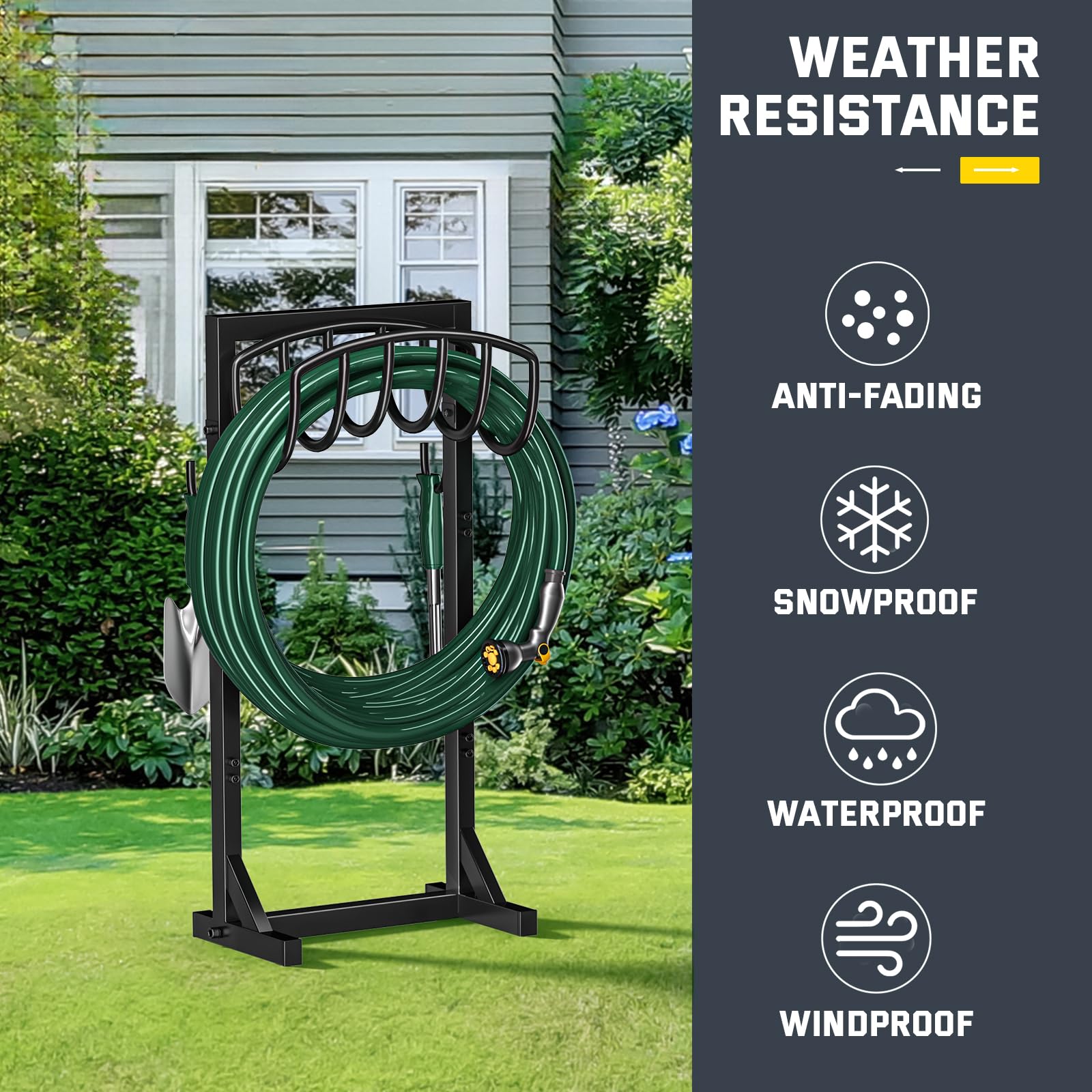 Heavy Duty Metal Garden Hose Holder with 4 Spikes & 2 Tool Hooks - Freestanding Outdoor Hose Reel Stand, Detachable Water Hose Storage Rack for Lawn, Yard, and Gardening - Perfect for Organizing Garden Tools and Watering Equipment