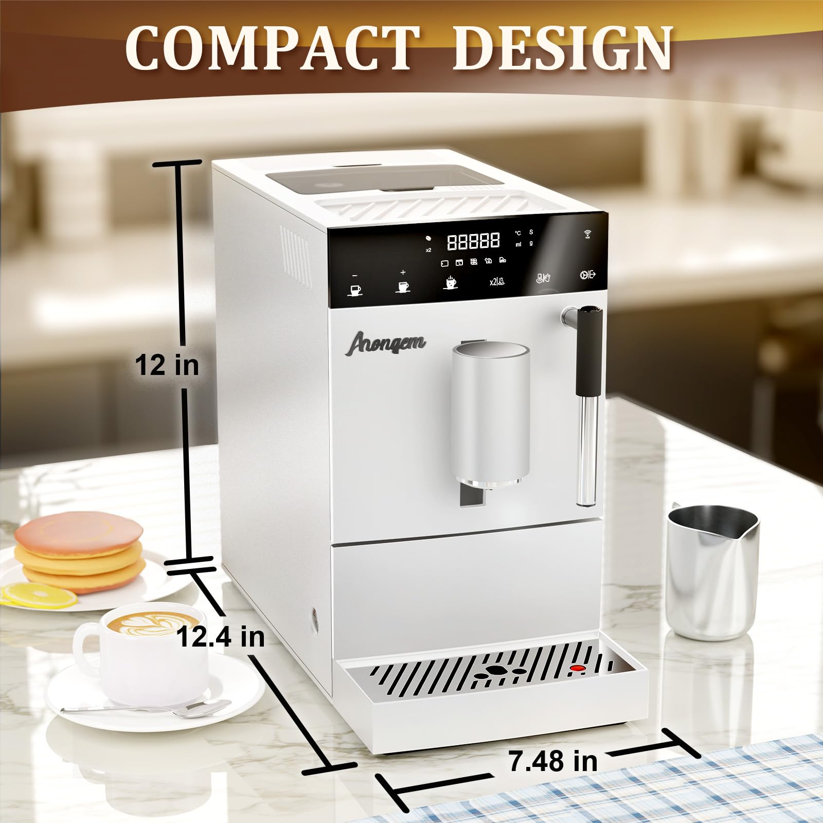 Automatic Espresso Coffee Machine with Built-In Grinder & Milk Frother - White Home Barista System for Homemade Cappuccino, Latte & Espresso | Perfect for Kitchen Countertops, Office Break Rooms & Small Coffee Shops