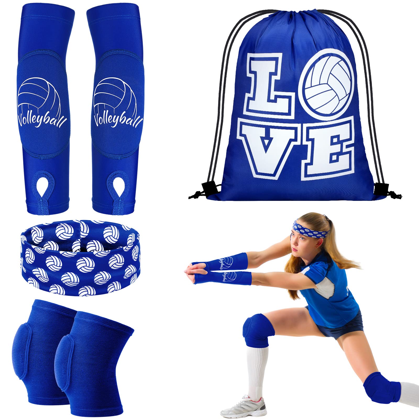 Yinder 4-Piece Volleyball Set - Knee Pads, Arm Sleeves, Drawstring Bag & Headbands for Women | Volleyball Training, Dance & Sports Accessories | Perfect for Indoor/Outdoor Games, Practice & Team Sports