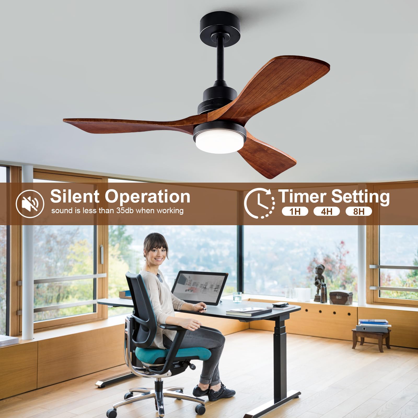 BOOMJOY 42 Inch Ceiling Fan with Light Kit and Remote Control - Dimmable LED, Ultra Quiet Reversible DC Motor, 3 Wood Blades - Indoor/Outdoor Ceiling Fan for Living Room, Bedroom, Study, Office, Patio, Porch