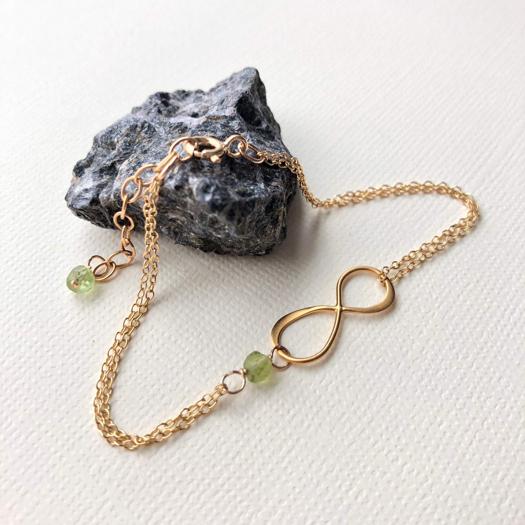 Peridot Gold Birthstone Infinity Charm Bracelet - 14K Gold Filled & Vermeil Handmade Jewelry - August Birthday Gift for Women, Girls - Perfect for Anniversaries, Mother's Day & Special Occasions