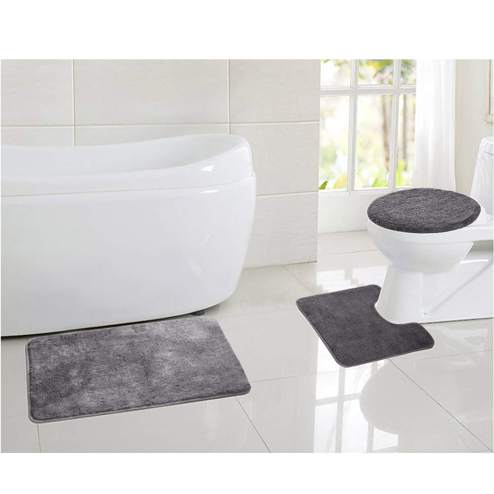 Premium 3-Piece Bathroom Rug Set - Soft Shaggy Non-Slip Bath Mats with U-Shaped Rug & Toilet Cover (Grey) | Cozy & Safe for Bathroom, Bedroom, Laundry Room