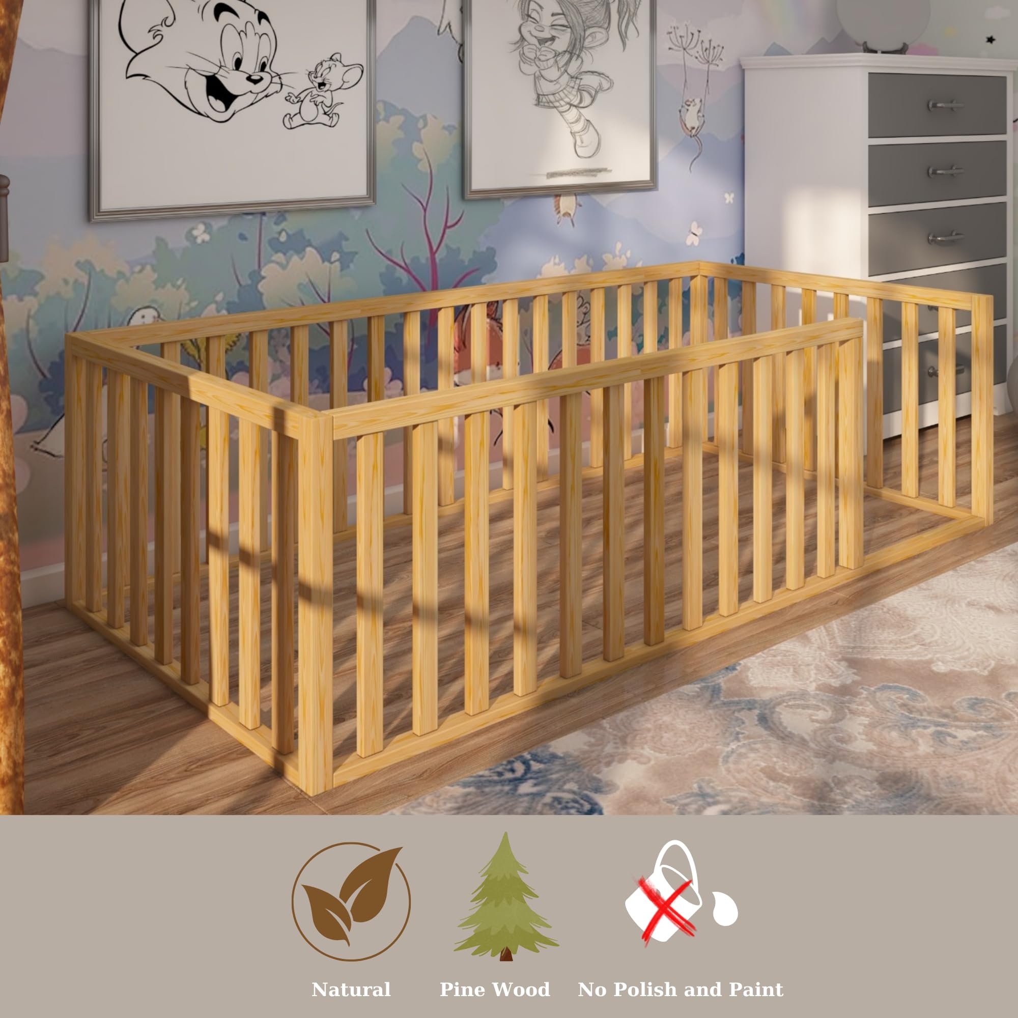 Montessori Floor Bed for Kids & Toddlers - Twin Size Pine Wood Baby Bed with Safety Guardrails | Sturdy Wood Frame for Boys & Girls (17