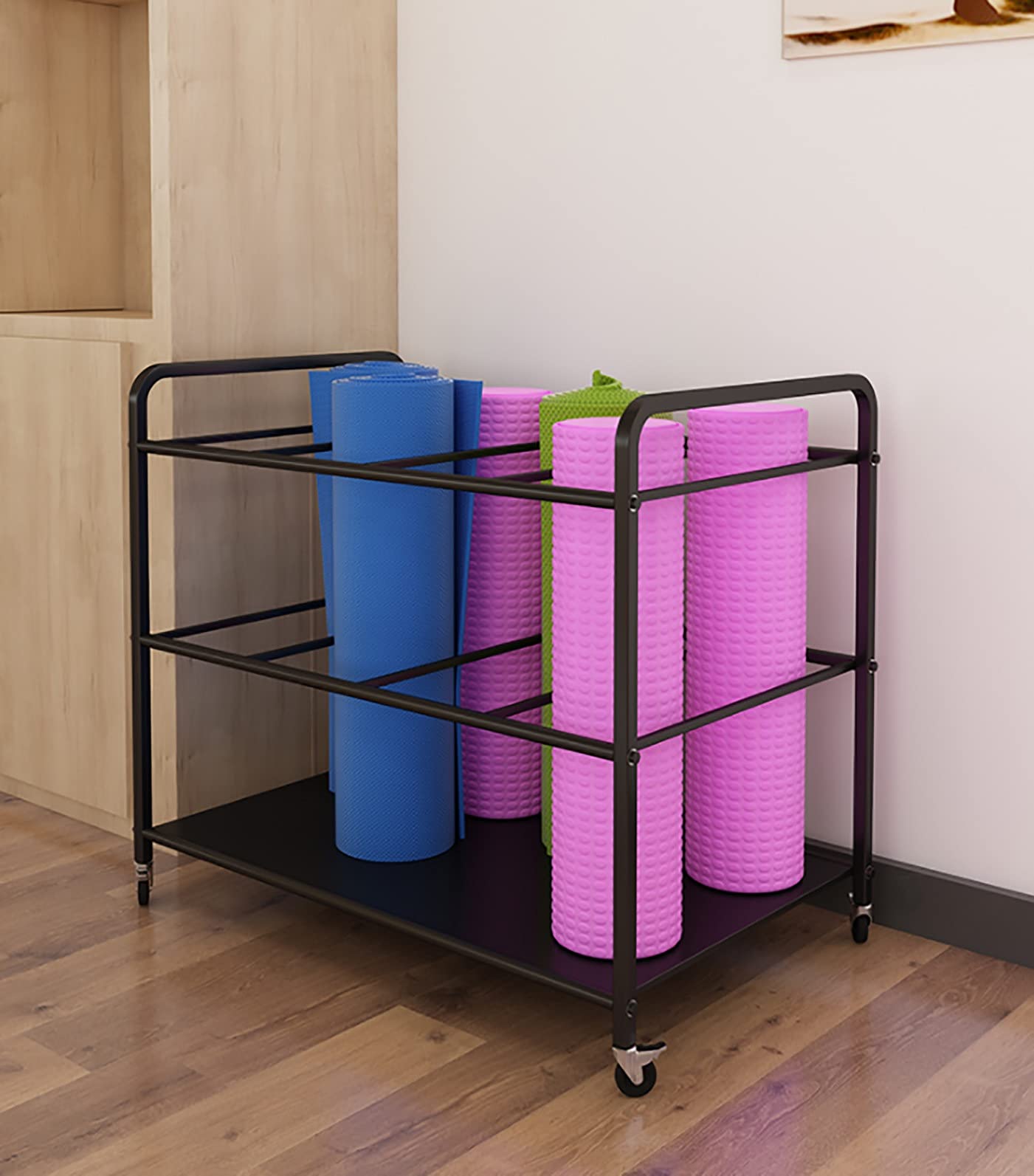 Premium Yoga Mat Storage Cart with Wheels - Space Saving Foam Roller & Mobility Equipment Organizer Rack - Holds 12 Exercise Mats for Yoga Studios & Home Gyms (Black) - Perfect for Studio Organization & Equipment Storage
