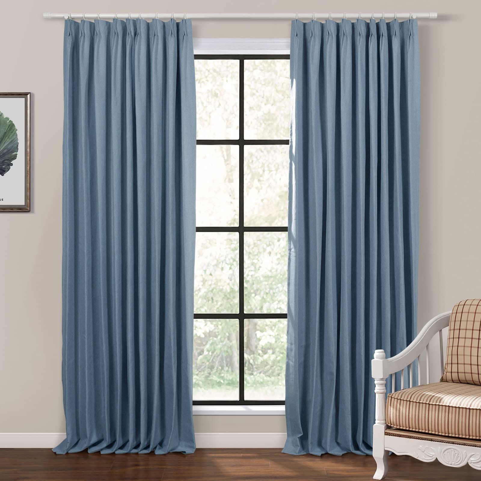 TWOPAGES Blue Pinch Pleated Blackout Curtains for Bedroom - Thermal Insulated Linen Blend Window Drapes (Set of 2, 58x84 Inches) - Perfect for Privacy, Light Blocking & Room Darkening in Living Room, Nursery or Home Theater