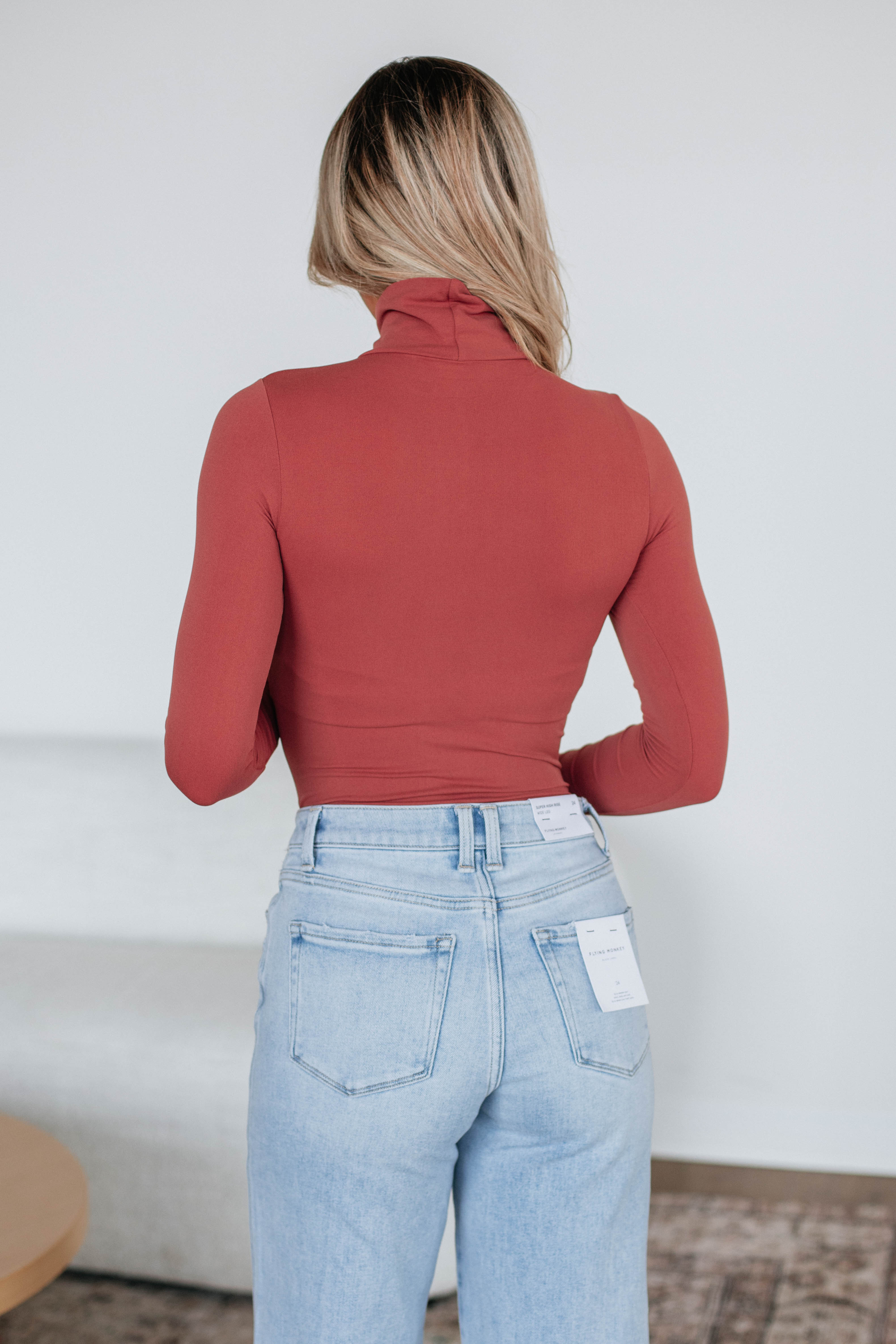 Holly Turtle Neck Bodysuit for Women - Soft Stretch Brick Red Bodysuit - Perfect for Layering, Office Wear & Fall Fashion