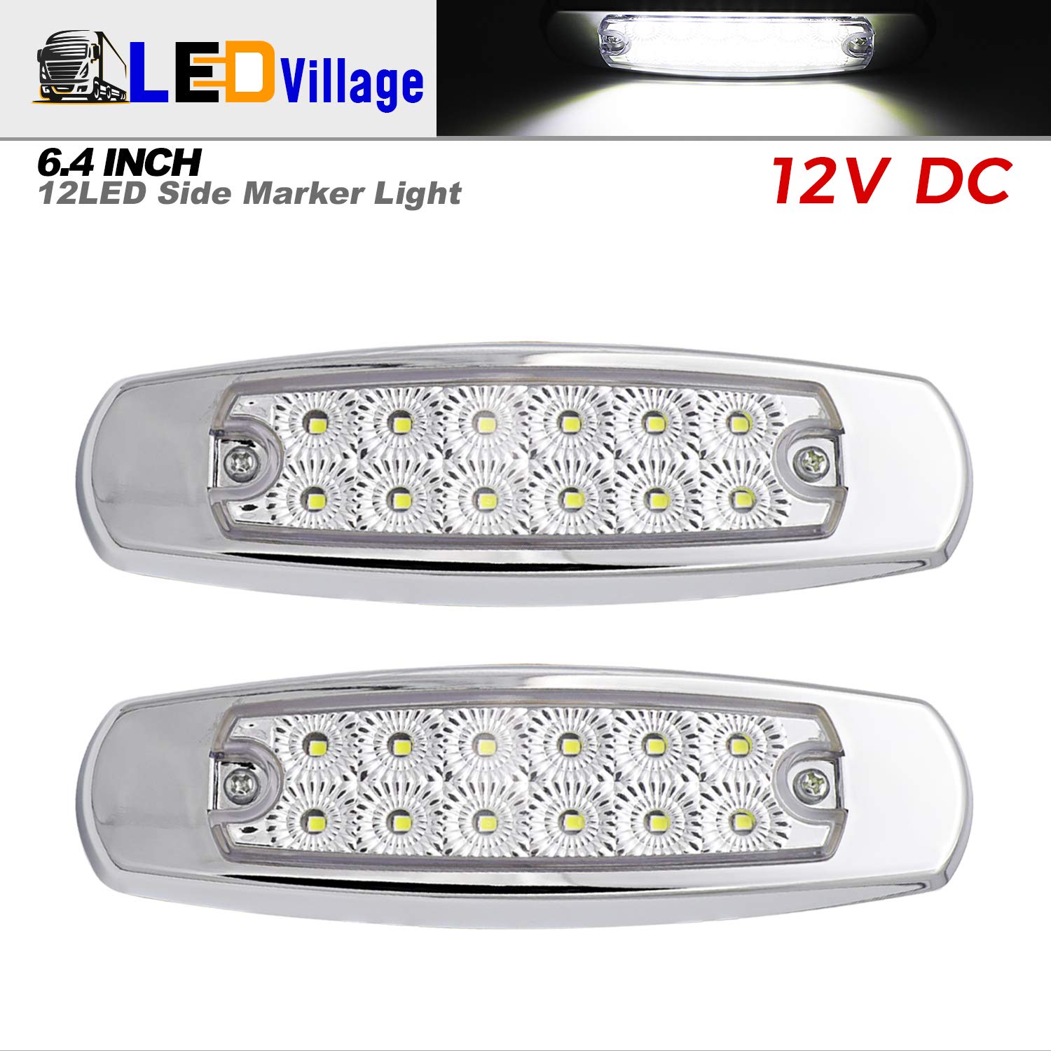 2 Pack 12V DC 6.4 Inch Slim White LED Surface Mount Clearance Lights - Waterproof Side Marker Lamps for Trucks, Trailers, Lorry & Cars - Universal Chrome Design for Enhanced Visibility & Safety (Perfect for Night Driving, Off-Road Vehicles & Heavy Duty Applications)