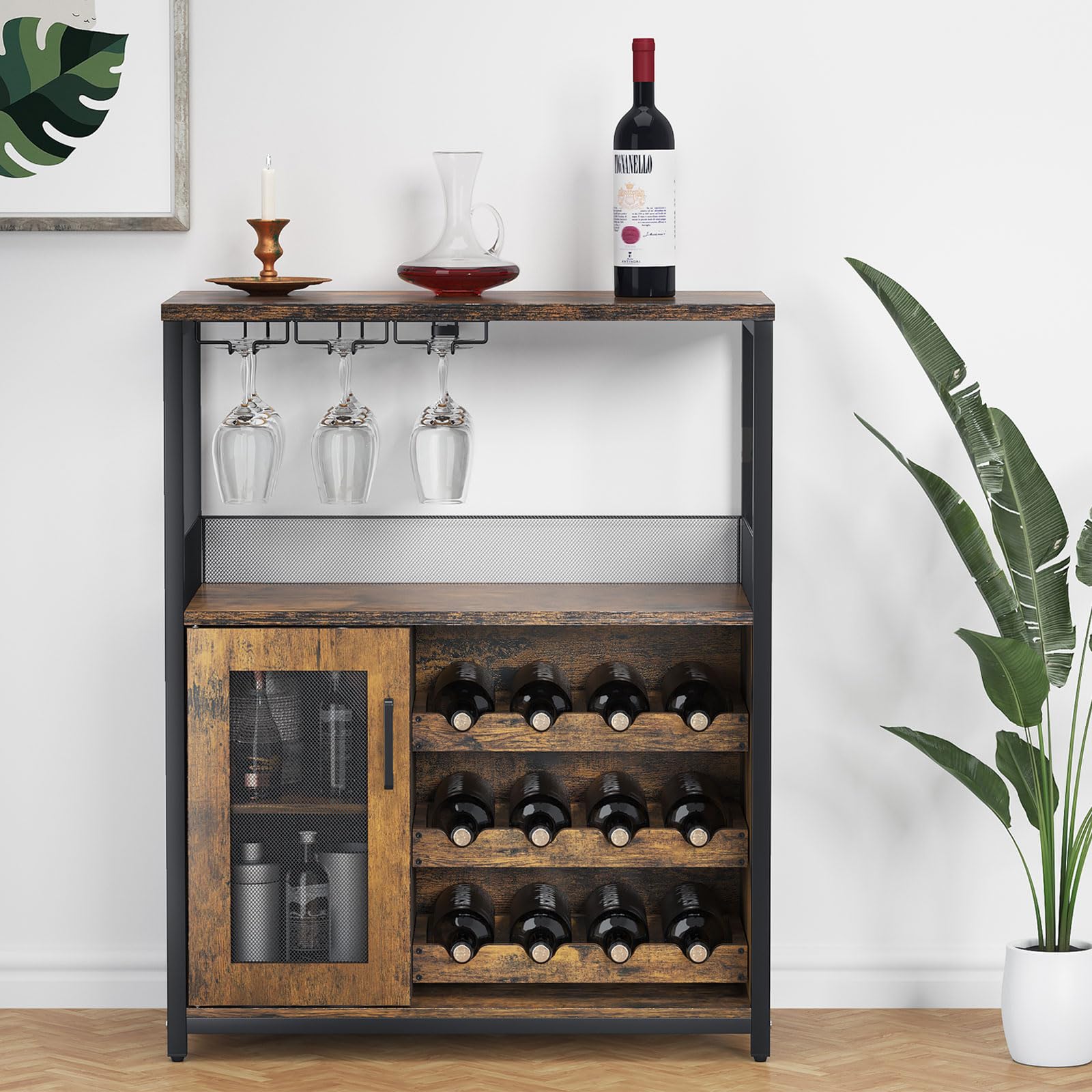 GAOMON Rustic Brown Farmhouse Sideboard & Buffet Cabinet - Coffee Wine Bar with Storage, Detachable Rack, Glass Holder & Mesh Door - Perfect for Dining Room, Kitchen or Home Bar Organization