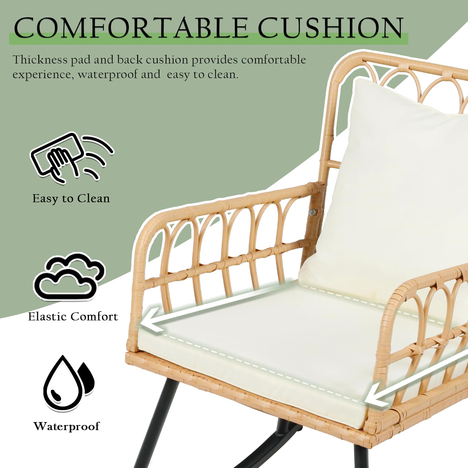 Vikiullf 2-Piece Patio Rocking Chair Set - Wide Outdoor Wicker Rattan Rockers with Thickened Cushions, 3-Piece Boho Furniture for Balcony, Garden, Porch & Living Room - Perfect for Relaxing, Reading & Entertaining Guests