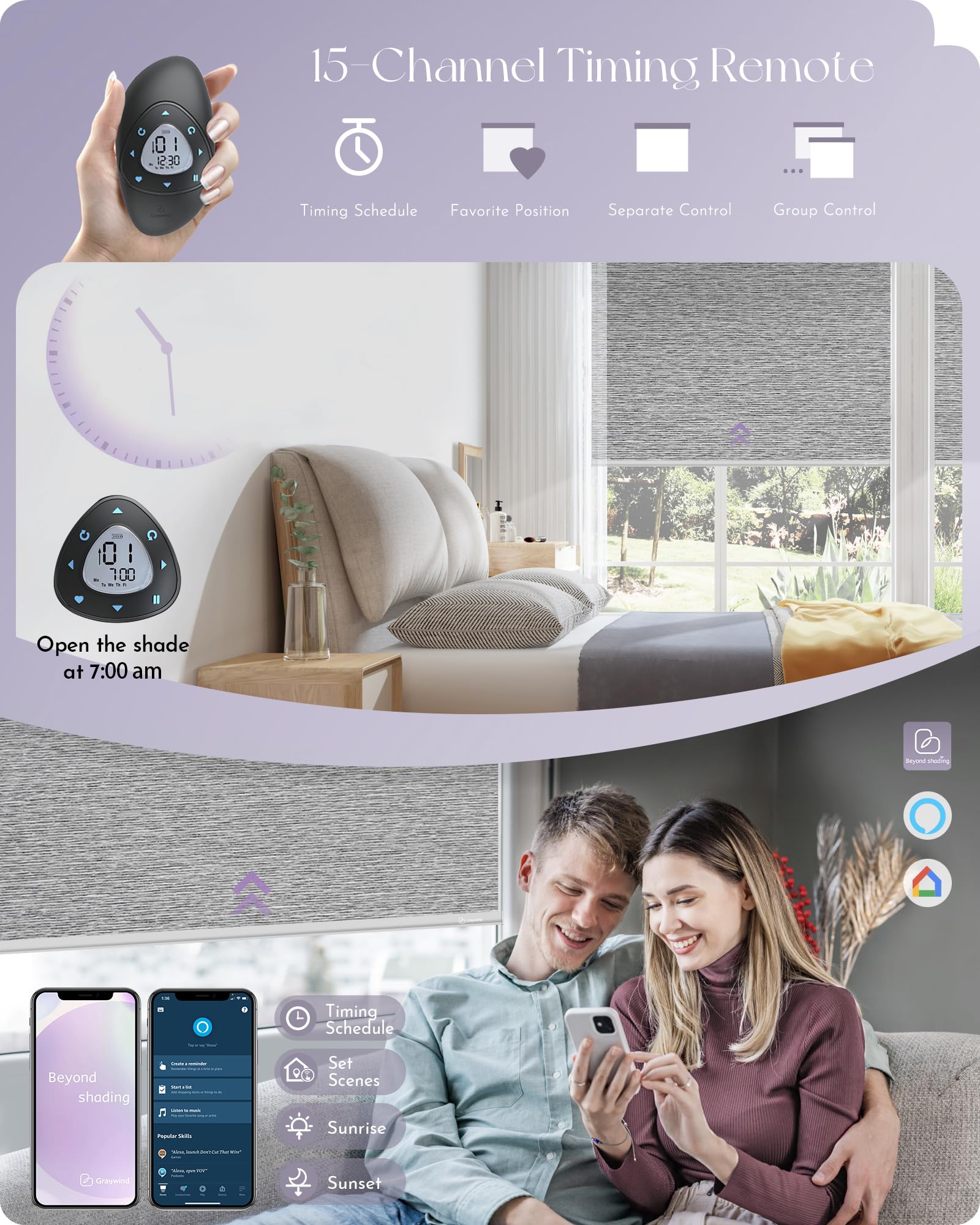 Graywind Smart Blackout Roller Shades - Alexa & Google Compatible, Rechargeable Motorized Blinds with Cordless Remote, Textured Gleaming Fabric, Custom Size (Striped Grey) - Perfect for Bedrooms, Living Rooms & Home Offices