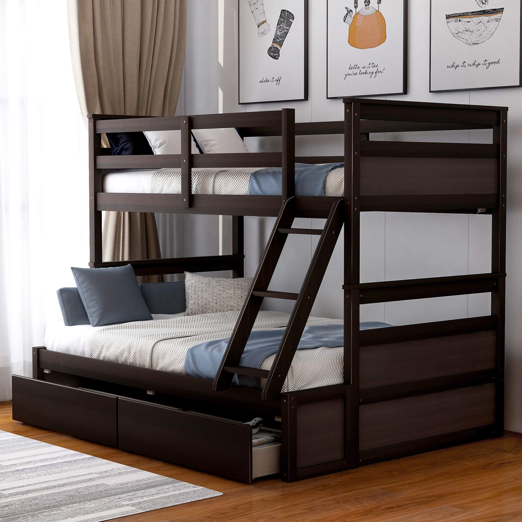 Twin Over Full Bunk Bed with Storage - Solid Wood Frame, Safety Rail - Convertible to 2 Beds for Kids & Adults - Espresso Finish for Bedroom