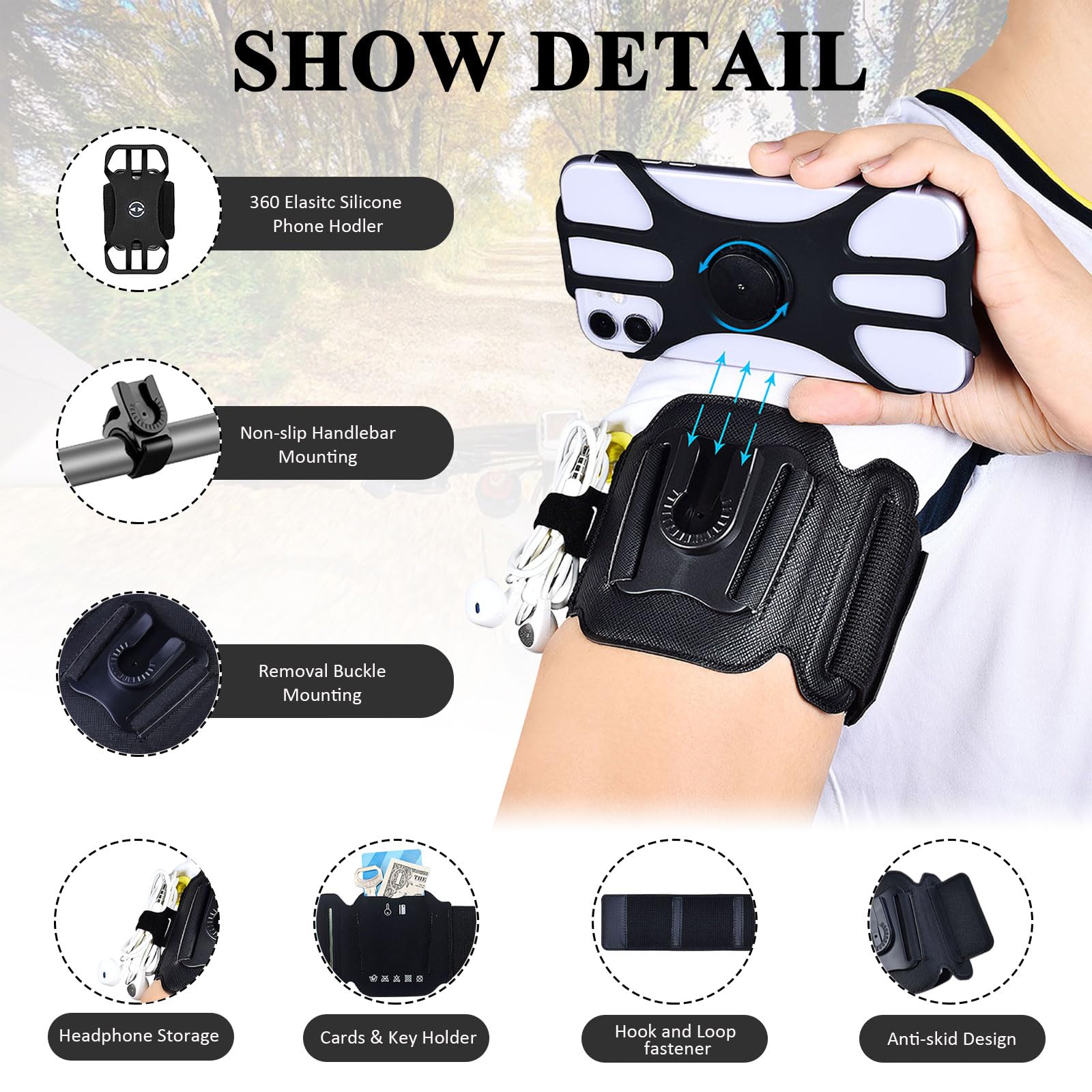 360° Rotating Detachable Sports Armband Phone Holder for Running, Cycling & Gym - Compatible with iPhone 15 14 13 12 11 Pro Max XS XR X Plus & Galaxy S24 Ultra - Secure Workout Wristband (Black) | Perfect for Jogging, Weight Training & Outdoor Activities