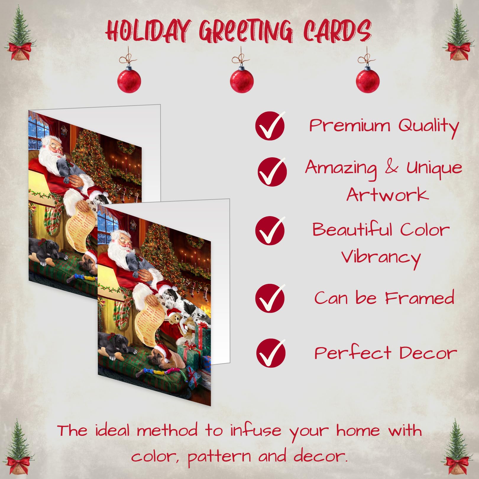 Christmas Sleeping Santa Great Dane Dog Greeting Cards - 10 Adorable Pet Holiday Invitation Cards with Envelopes - Festive Pet Artwork for Christmas Gifts - Perfect for Pet Lovers, Holiday Parties & Seasonal Greetings