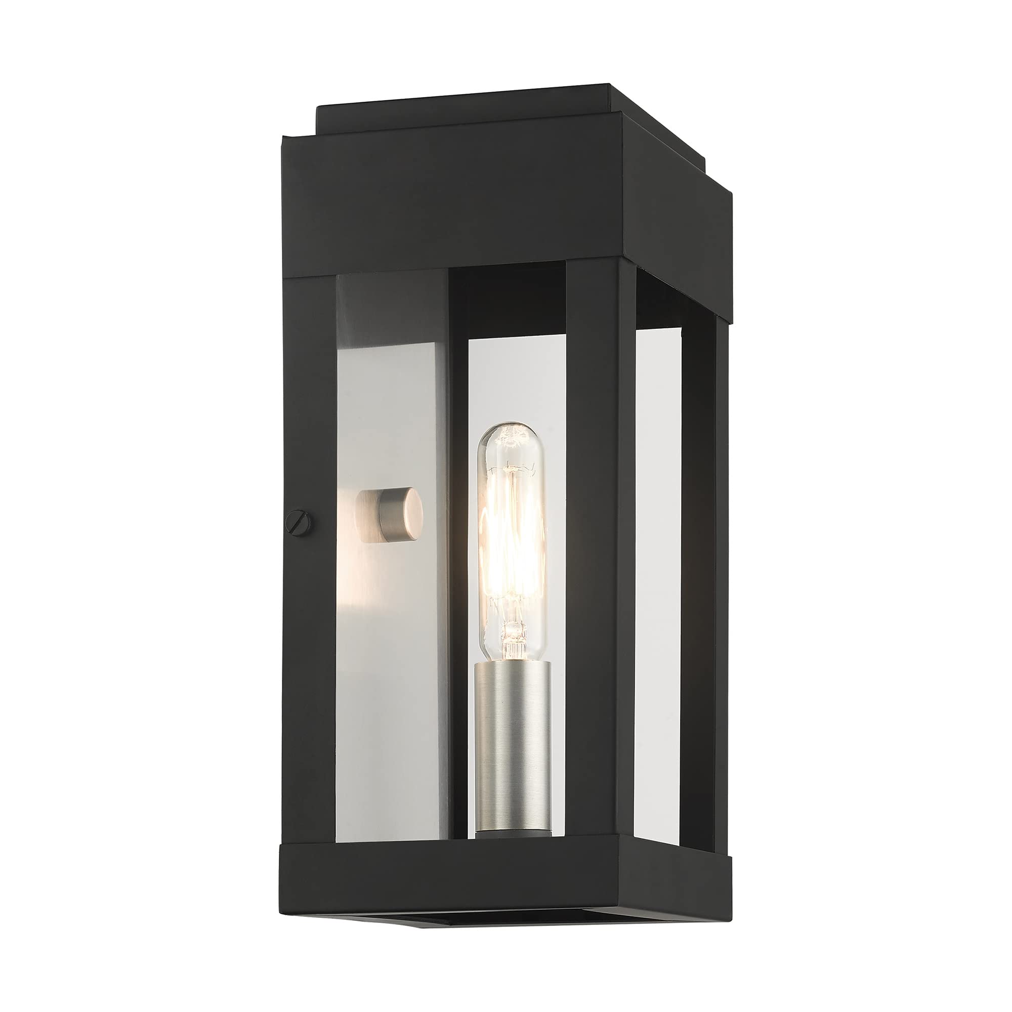 Livex Lighting 21231-04 York 1 Light Outdoor Wall Lantern - Black with Brushed Nickel Finish, ADA Compliant, Stainless Steel Reflector - Perfect for Porch, Patio, and Garden Lighting