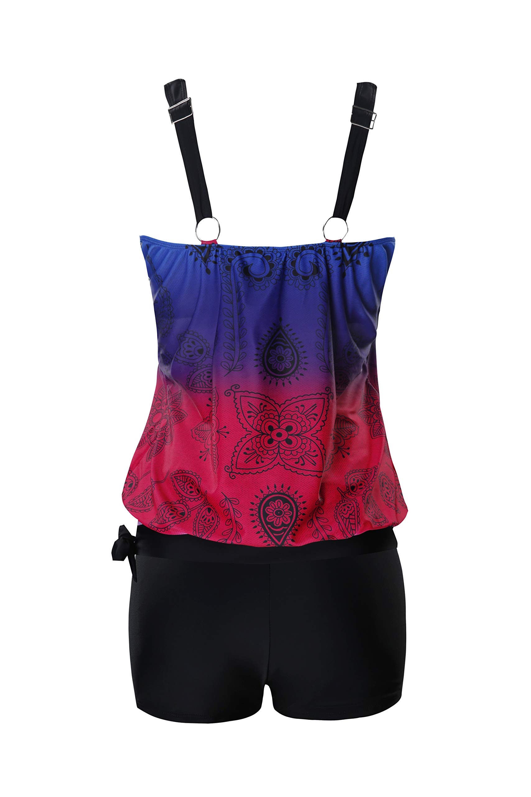 CrazycatZ Women's Two-Piece Blouson Tankini Swimsuit - Floral Paisley Print Bikini Set for Beach, Pool & Summer Vacation