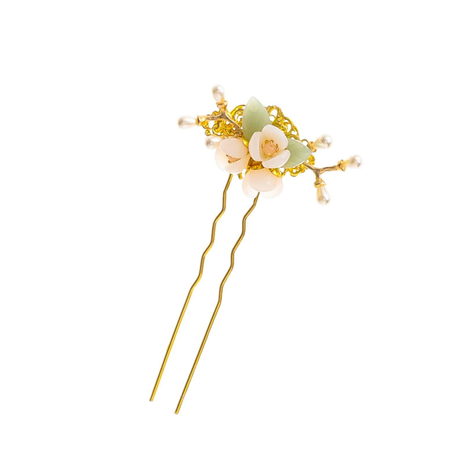 Elegant Gold Metal Flower Leaf Hairpin with Simulated Pearls - U-Shaped Hair Clips & Hair Forks for Women & Girls (13.5x7cm) - Perfect for Hanfu, Weddings, and Vintage Hairstyles