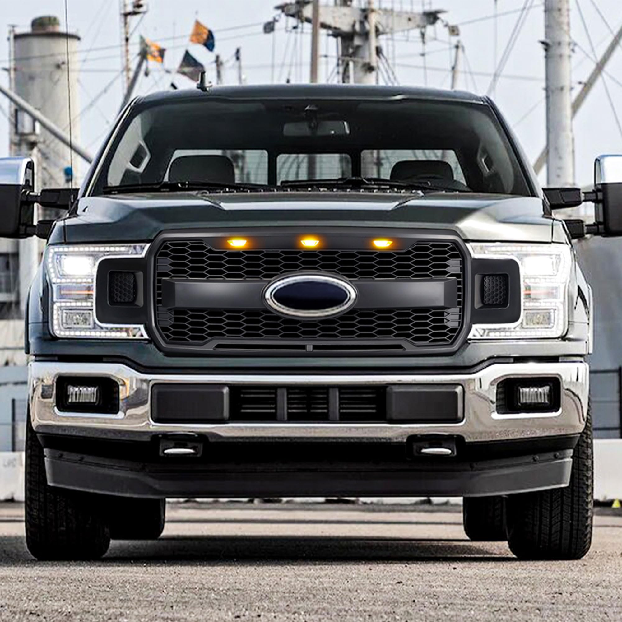 Raptor Style Mesh Grille with Amber LED Lights & Emblem Base for 2018-2020 Ford F150 | Matte Black | Off-Road & Street Upgrade | Enhanced Style & Durability