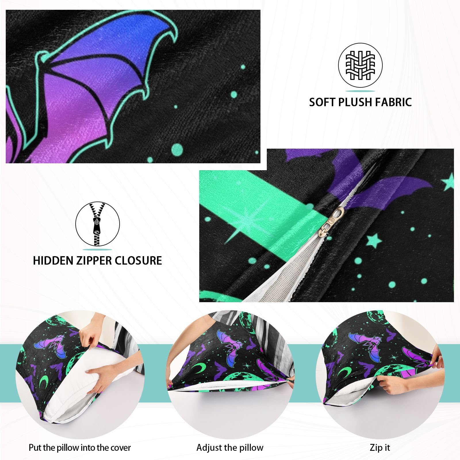 Halloween Bat Moon Pillowcase - Soft Fuzzy Body Pillow Cover with Zipper, Queen Size 20x30 Inches - Perfect for Halloween Decor, Anime Lovers & Cozy Bedroom