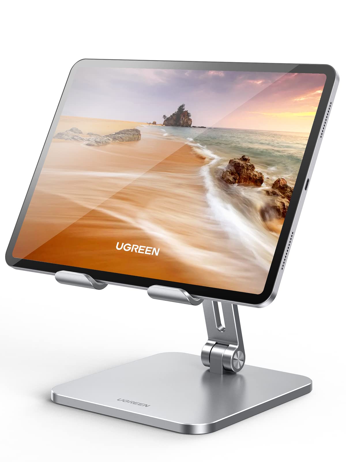 UGREEN Adjustable Aluminum Tablet Stand Holder for iPad Pro/Air/Mini 10.2-12.9 Inch, Thick Base Desk Stand with Non-Slip Design - Perfect for Home Office, Study, Watching Videos & Video Calls (Silver)