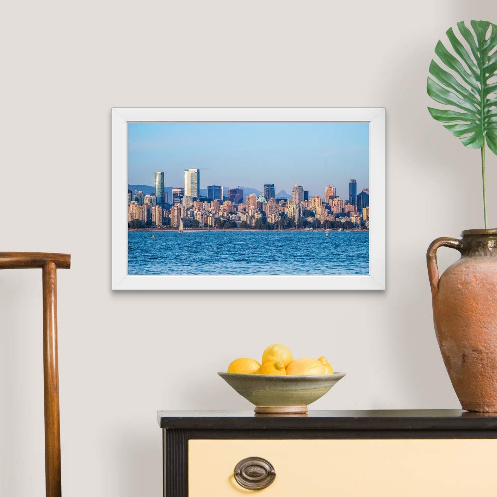 White Framed Art Print - Downtown & English Bay Beach Skyline Wall Decor | Modern Cityscape Artwork for Living Room, Office & Home Decor