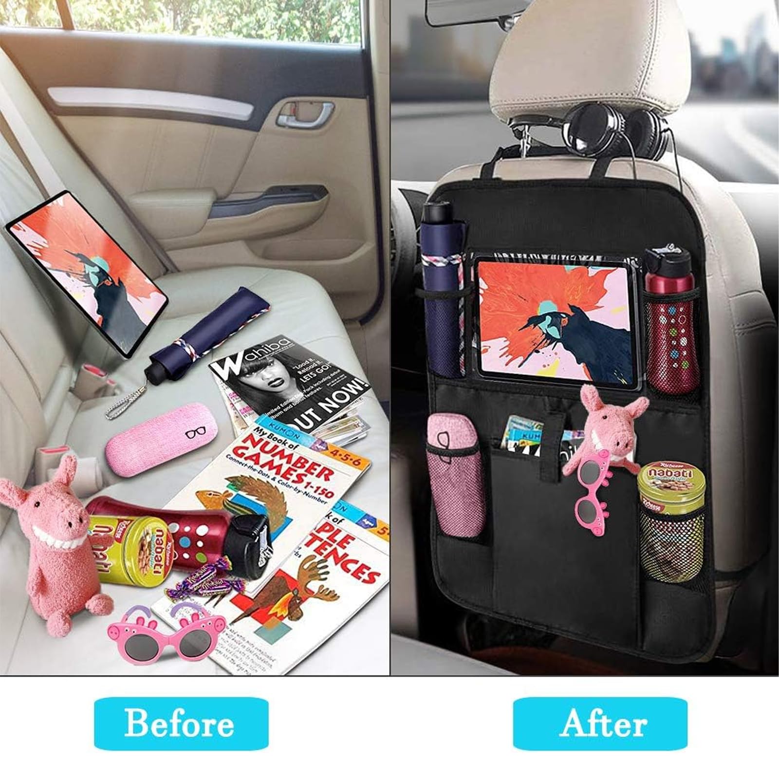2PCS Car Back Seat Organizer with Multi-Pocket Storage - Washable Kick Mats & Seat Protector for Toys, Bottles, 10