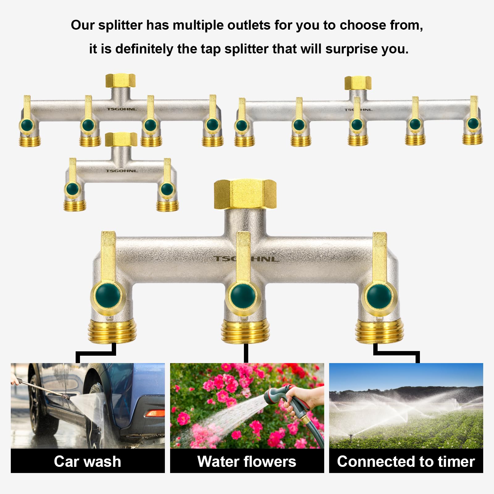 Heavy Duty Brass Garden Hose Splitter - 2-Way Faucet Splitter with Extended Metal Handles, 3/4-Inch GHT Hex Female Inlet & Male Outlet, Nickel Plated - Perfect for Outdoor Watering, Lawn Care & Garden Irrigation