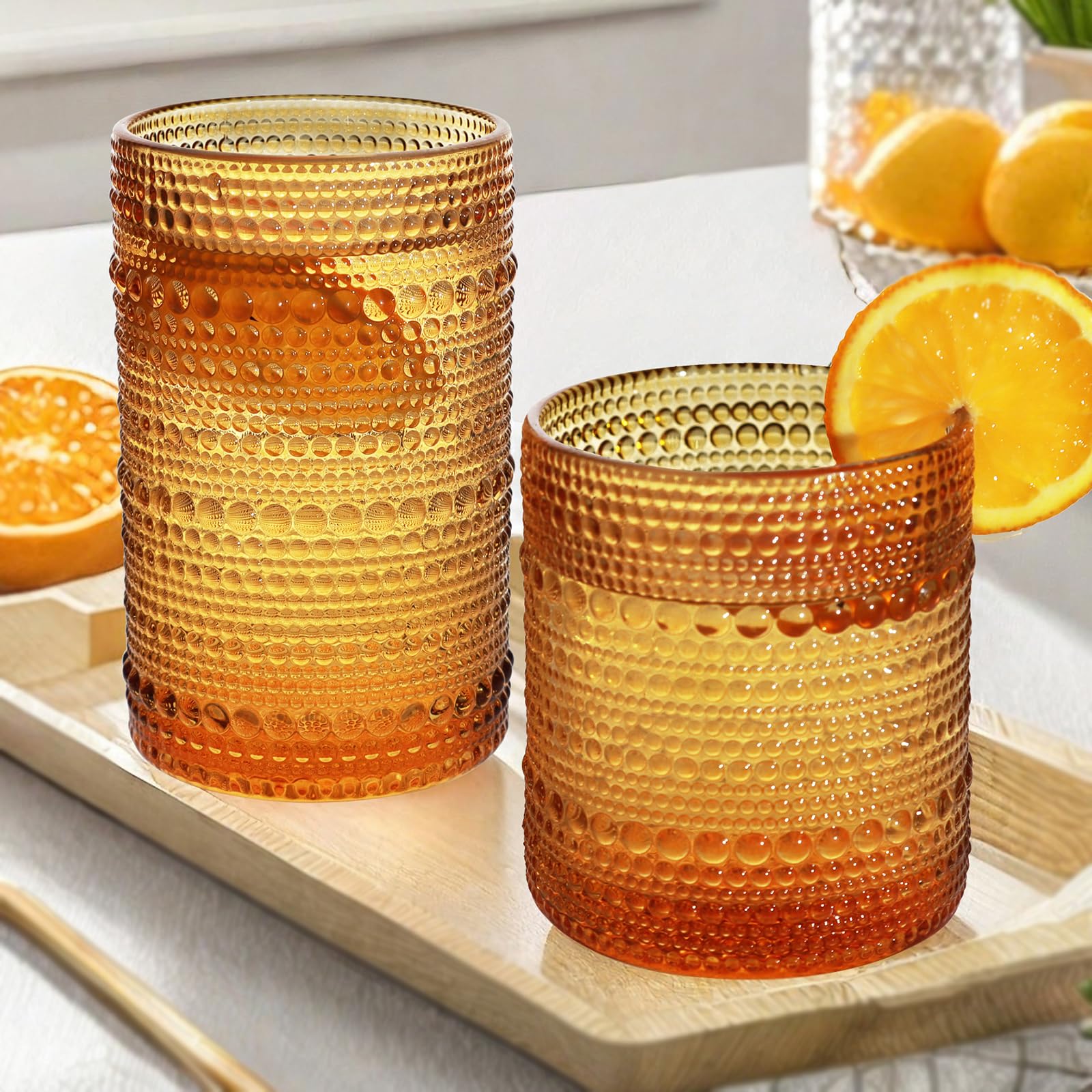 Vintage Hobnail Drinking Glasses Set of 8 - 12 oz Highball & 10 oz Cocktail Glasses, Durable Glassware for Whiskey, Juice, Milk - Perfect for Home Bar, Dinner Parties & Gifts
