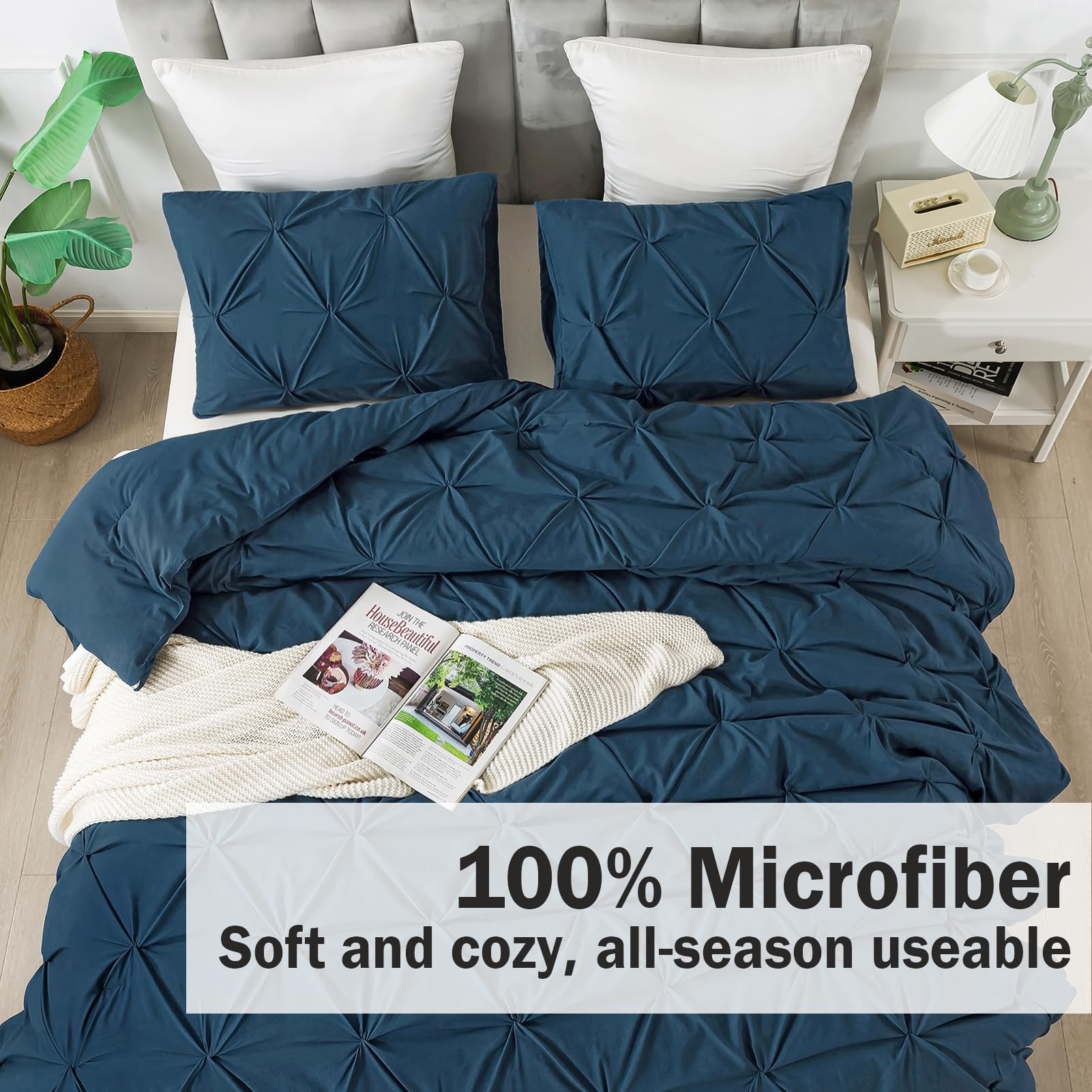 Andency Navy Blue Comforter Set King Size - 3 Piece All Season Pintuck Bedding Set with Soft Fluffy Microfiber, Luxury Bedroom Decor for Master Bedroom, Guest Room & Dorm (King Size)
